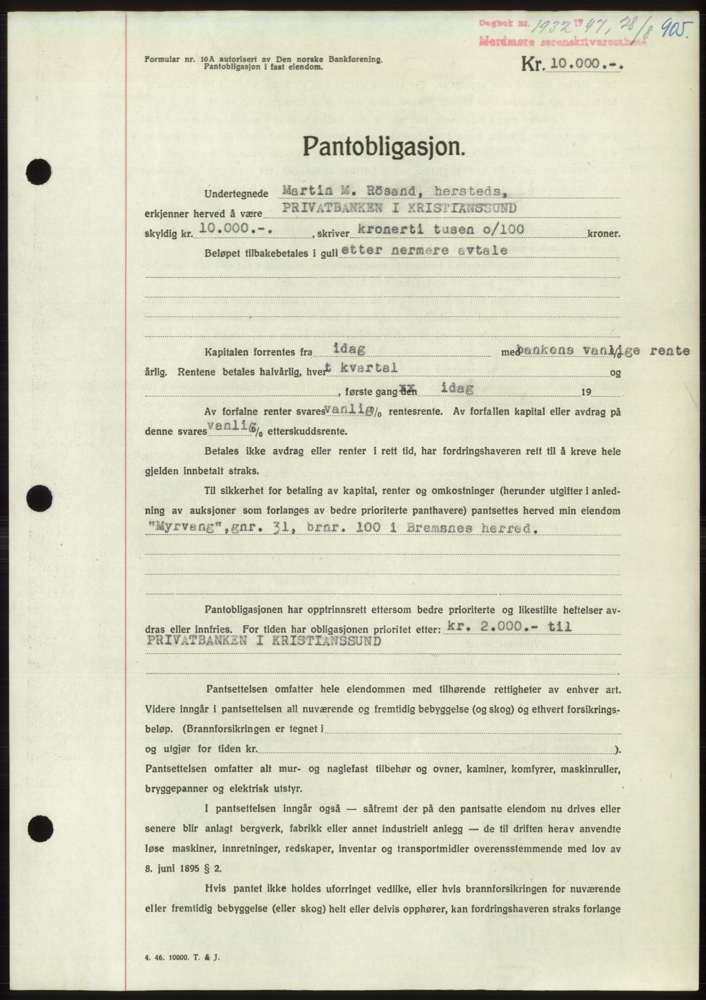 Nordmøre sorenskriveri, AV/SAT-A-4132/1/2/2Ca: Mortgage book no. B96, 1947-1947, Diary no: : 1932/1947