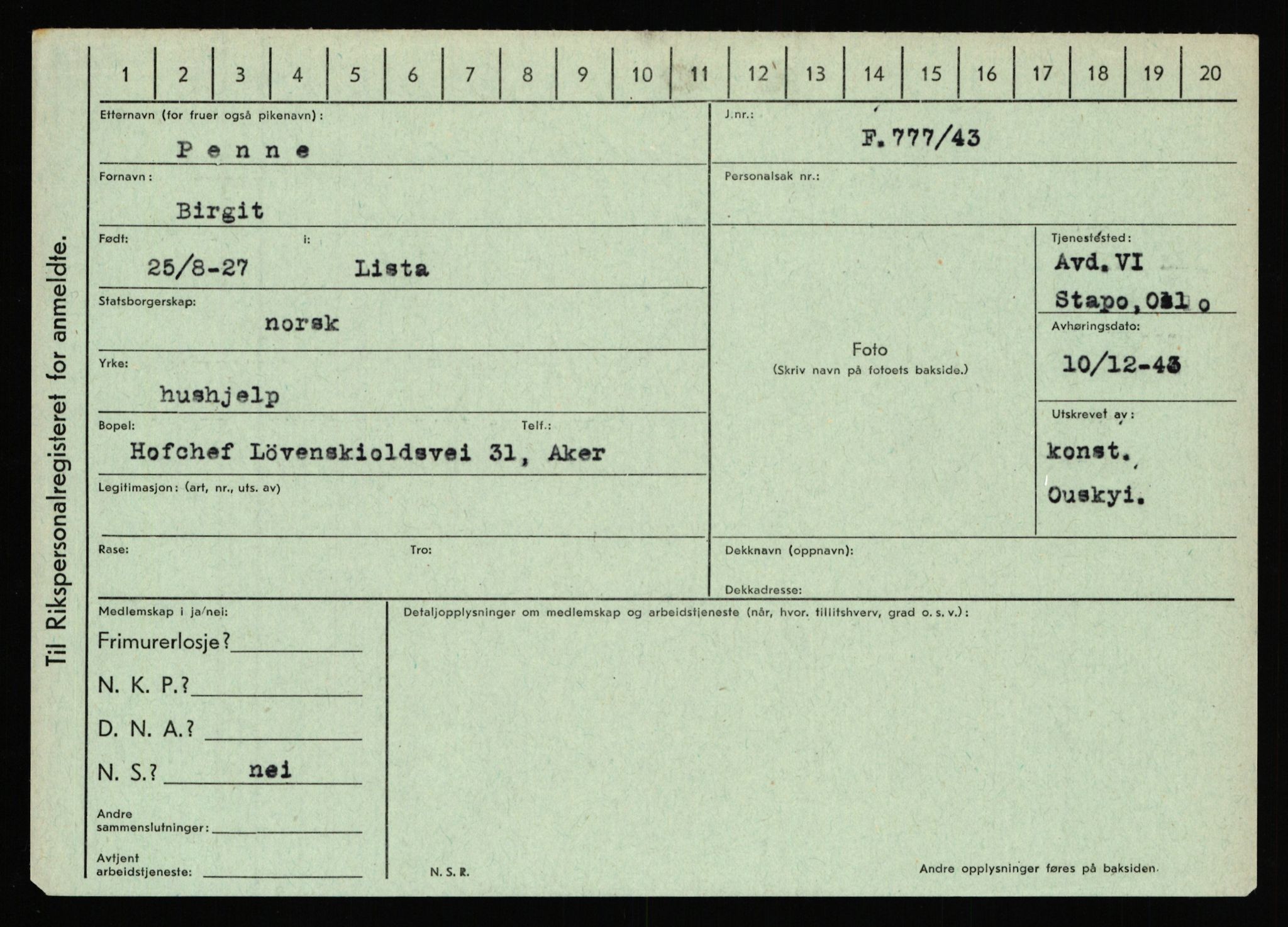 Statspolitiet - Hovedkontoret / Osloavdelingen, AV/RA-S-1329/C/Ca/L0012: Oanæs - Quistgaard	, 1943-1945, p. 3847