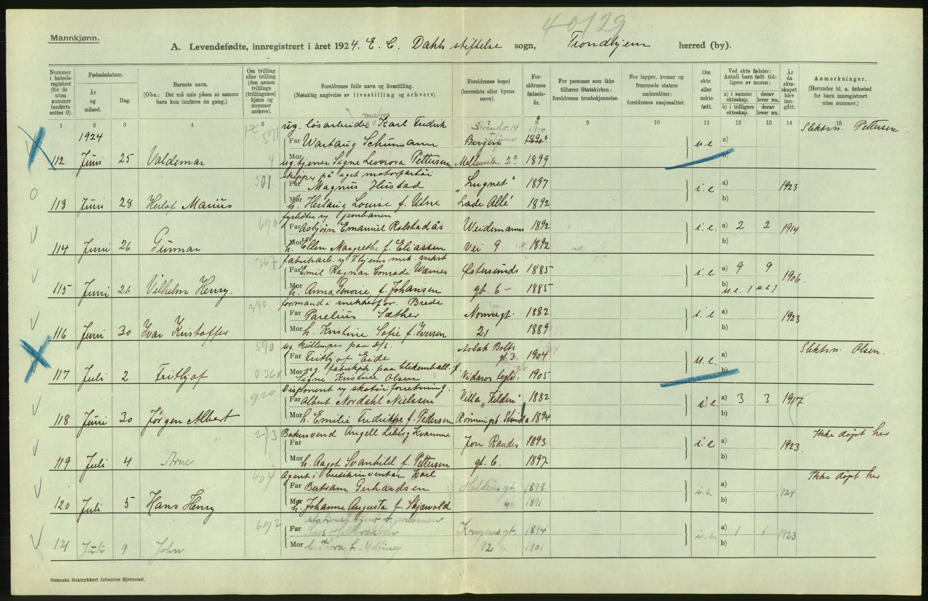 Statistisk sentralbyrå, Sosiodemografiske emner, Befolkning, AV/RA-S-2228/D/Df/Dfc/Dfcd/L0037: Trondheim: Levendefødte menn og kvinner, gifte, døde, dødfødte., 1924, p. 180