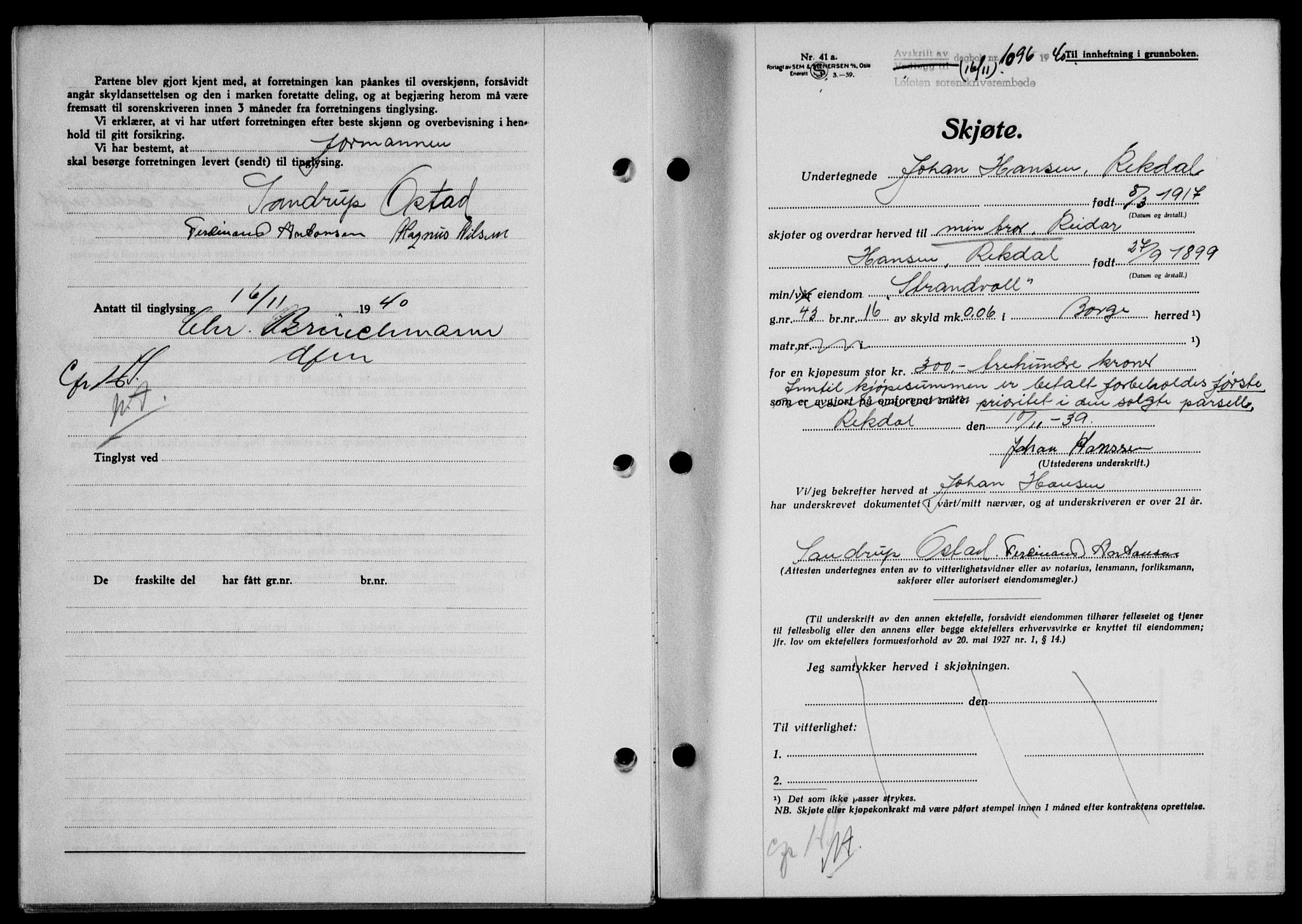 Lofoten sorenskriveri, SAT/A-0017/1/2/2C/L0008a: Mortgage book no. 8a, 1940-1941, Diary no: : 1096/1940