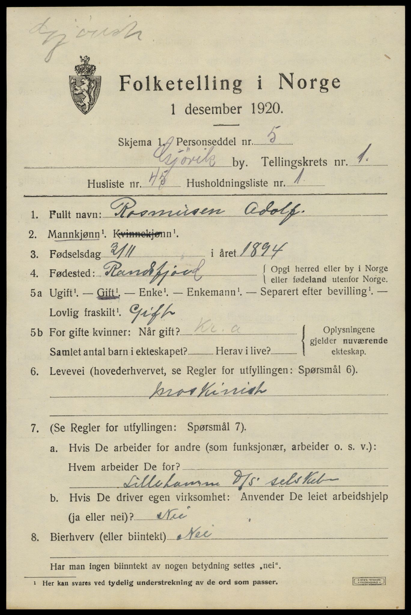 SAH, 1920 census for Gjøvik, 1920, p. 4378