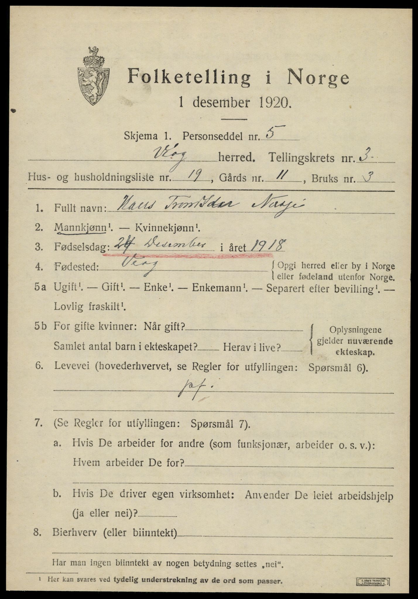 SAT, 1920 census for Veøy, 1920, p. 1663