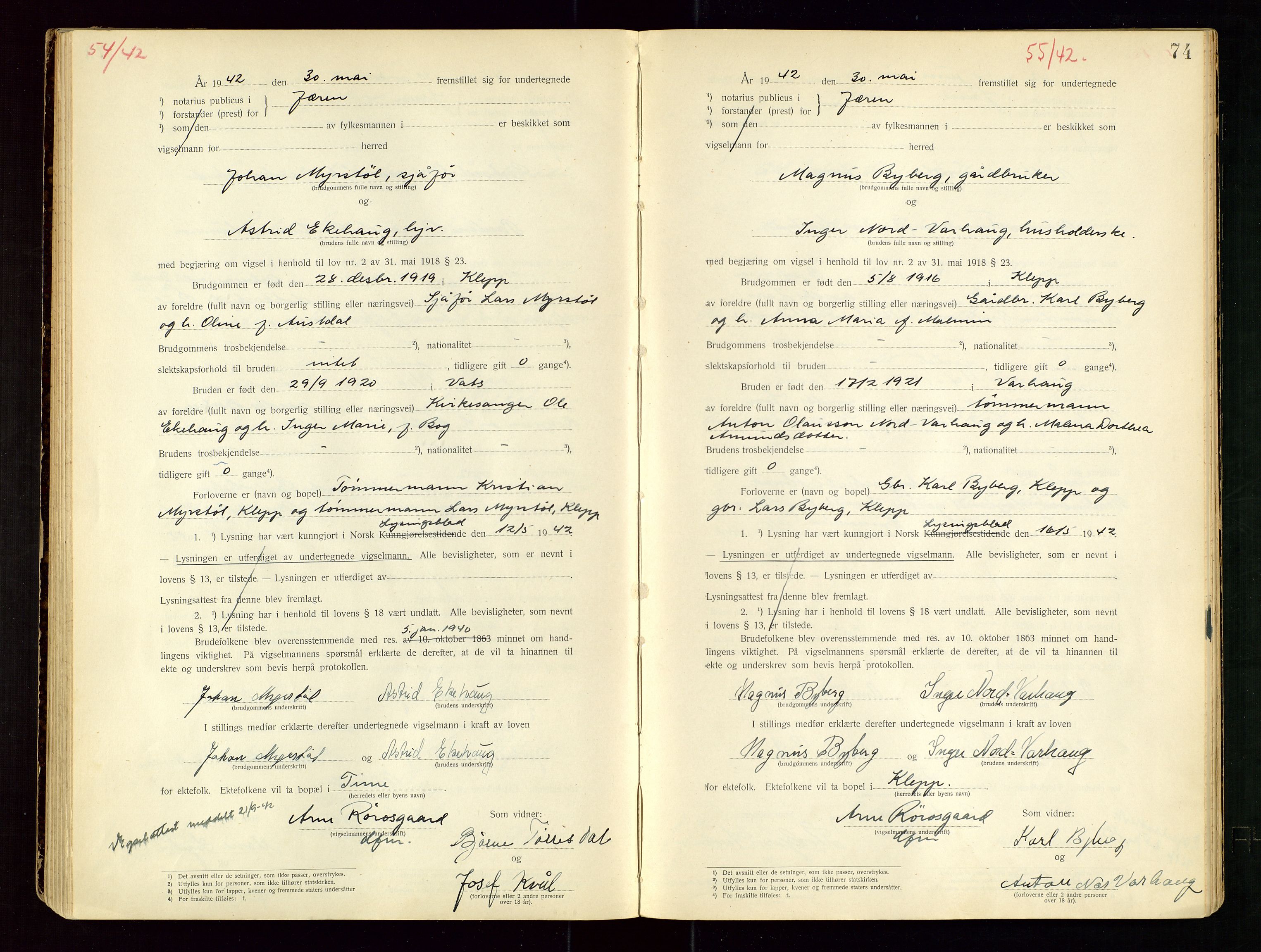 Jæren sorenskriveri, AV/SAST-A-100310/01/6/62/62BA/L0002: VIGSELSPROTOKOLL, 1937-1942, p. 74