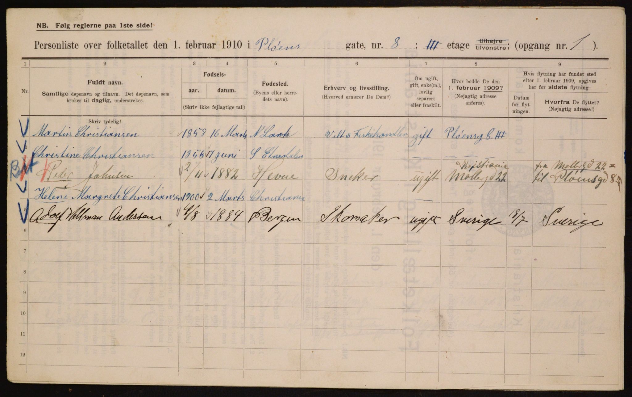 OBA, Municipal Census 1910 for Kristiania, 1910, p. 77639