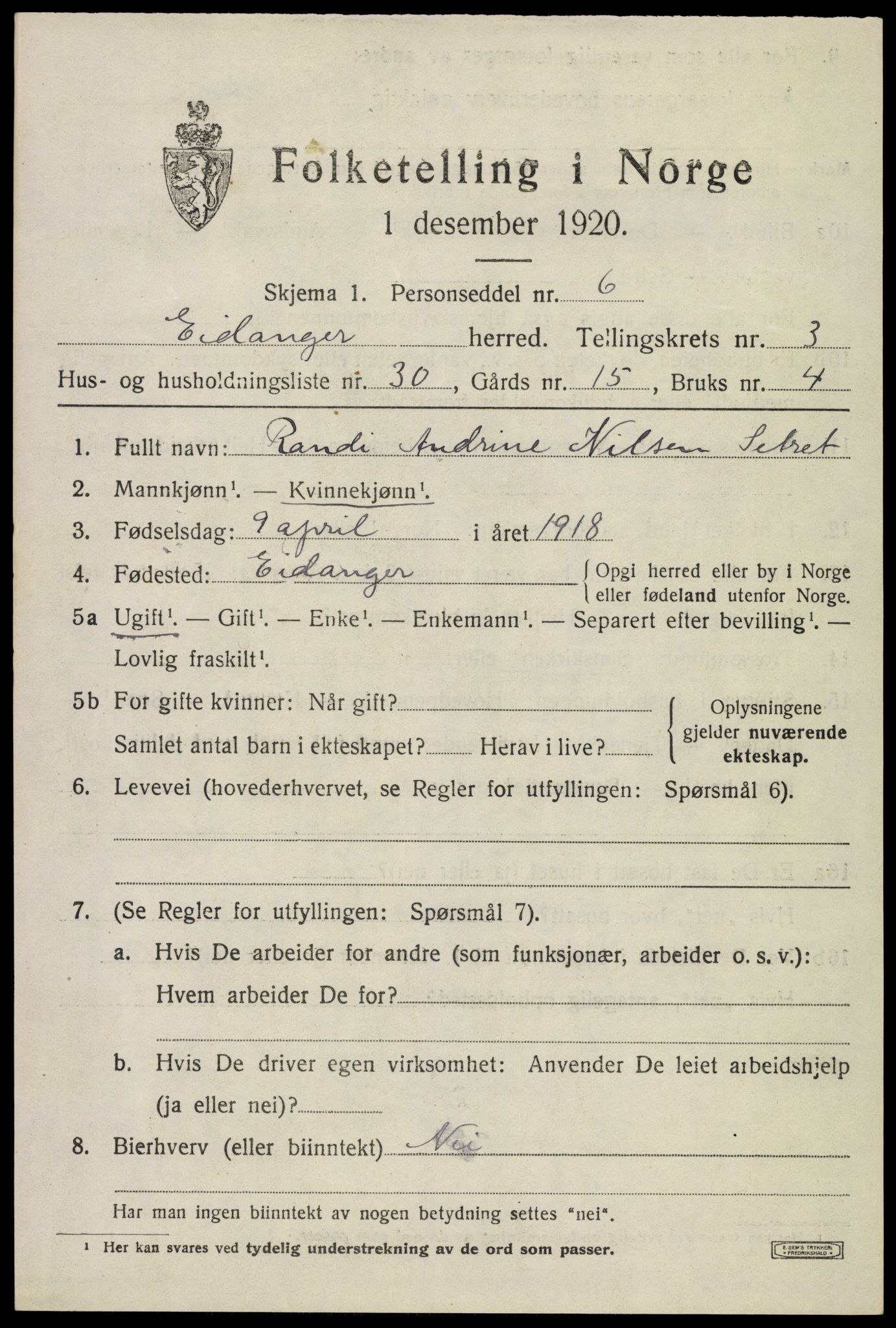 SAKO, 1920 census for Eidanger, 1920, p. 3690