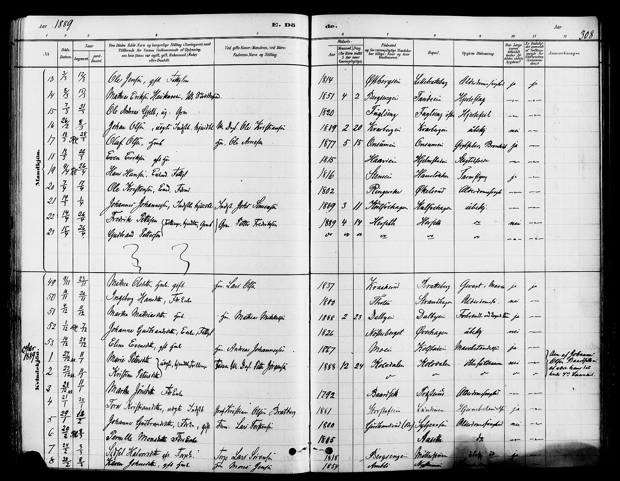 Ringsaker prestekontor, SAH/PREST-014/L/La/L0009: Parish register (copy) no. 9, 1879-1890, p. 308