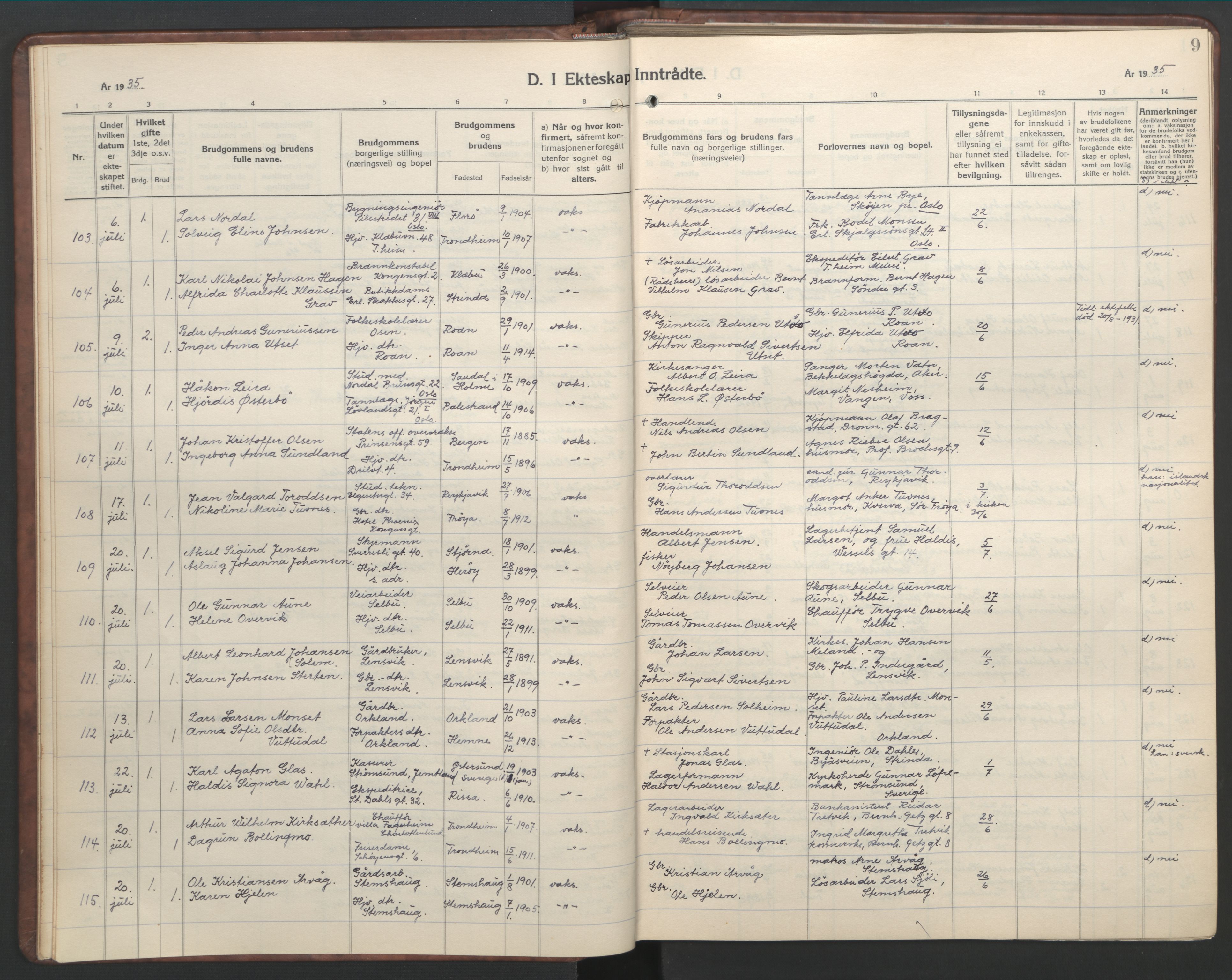 Ministerialprotokoller, klokkerbøker og fødselsregistre - Sør-Trøndelag, AV/SAT-A-1456/601/L0101: Parish register (copy) no. 601C19, 1935-1946, p. 9