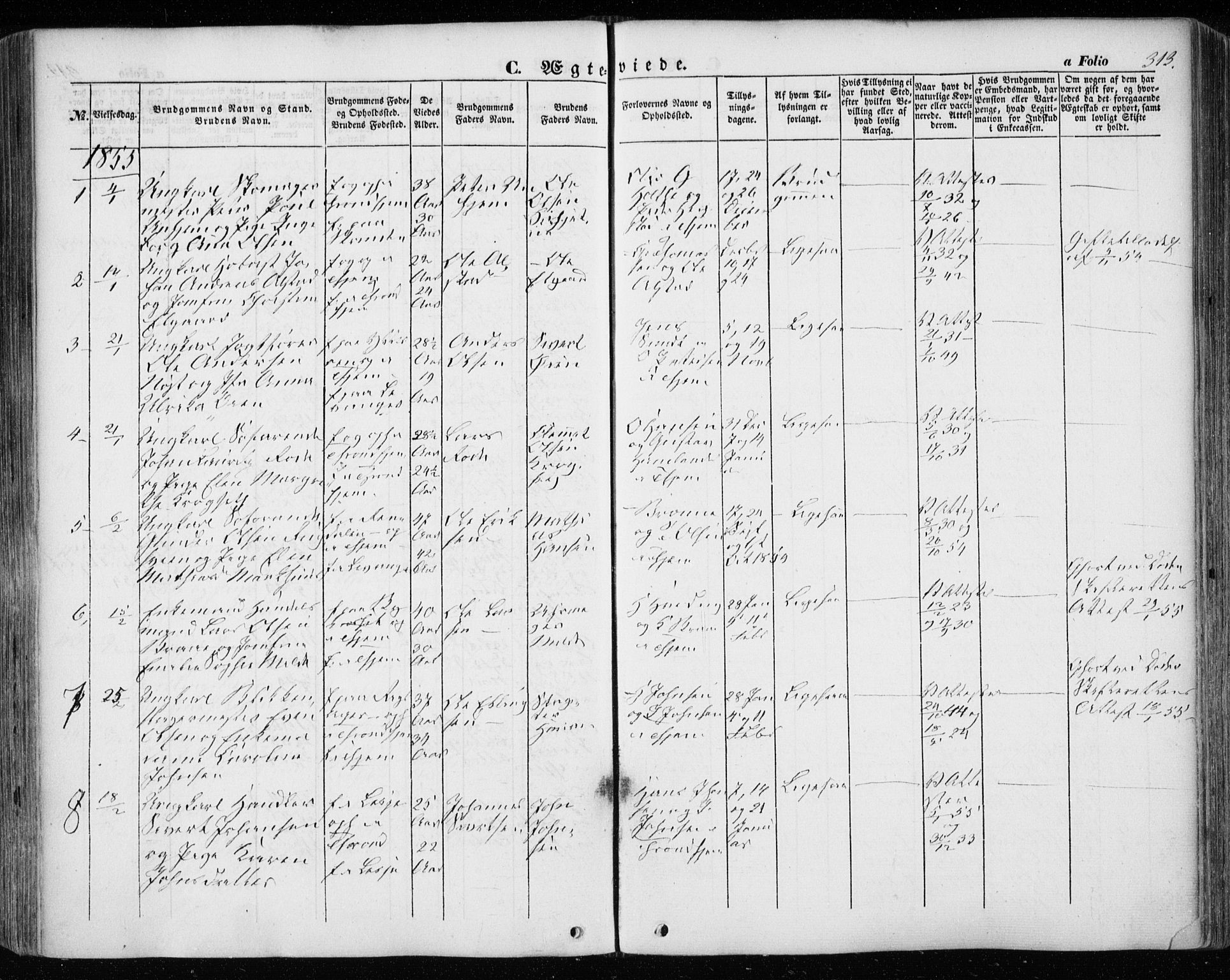 Ministerialprotokoller, klokkerbøker og fødselsregistre - Sør-Trøndelag, SAT/A-1456/601/L0051: Parish register (official) no. 601A19, 1848-1857, p. 313