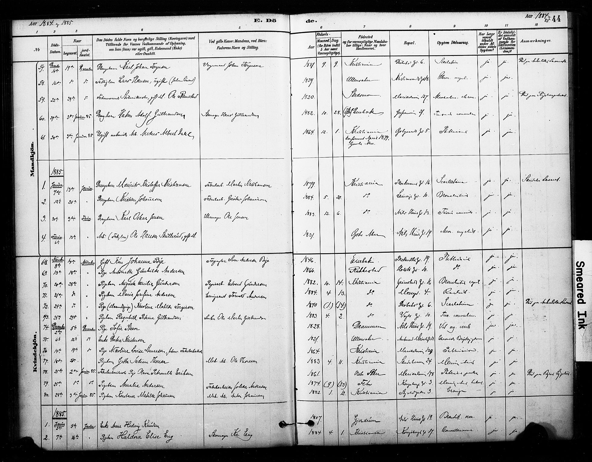 Sagene prestekontor Kirkebøker, SAO/A-10796/F/L0003: Parish register (official) no. 3, 1880-1922, p. 44