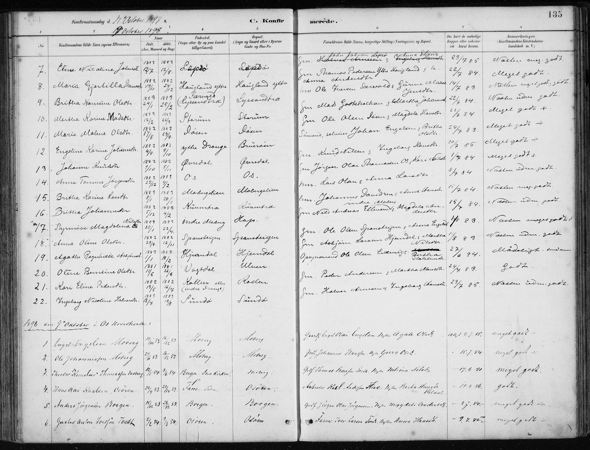 Os sokneprestembete, SAB/A-99929: Parish register (official) no. B 1, 1885-1902, p. 135