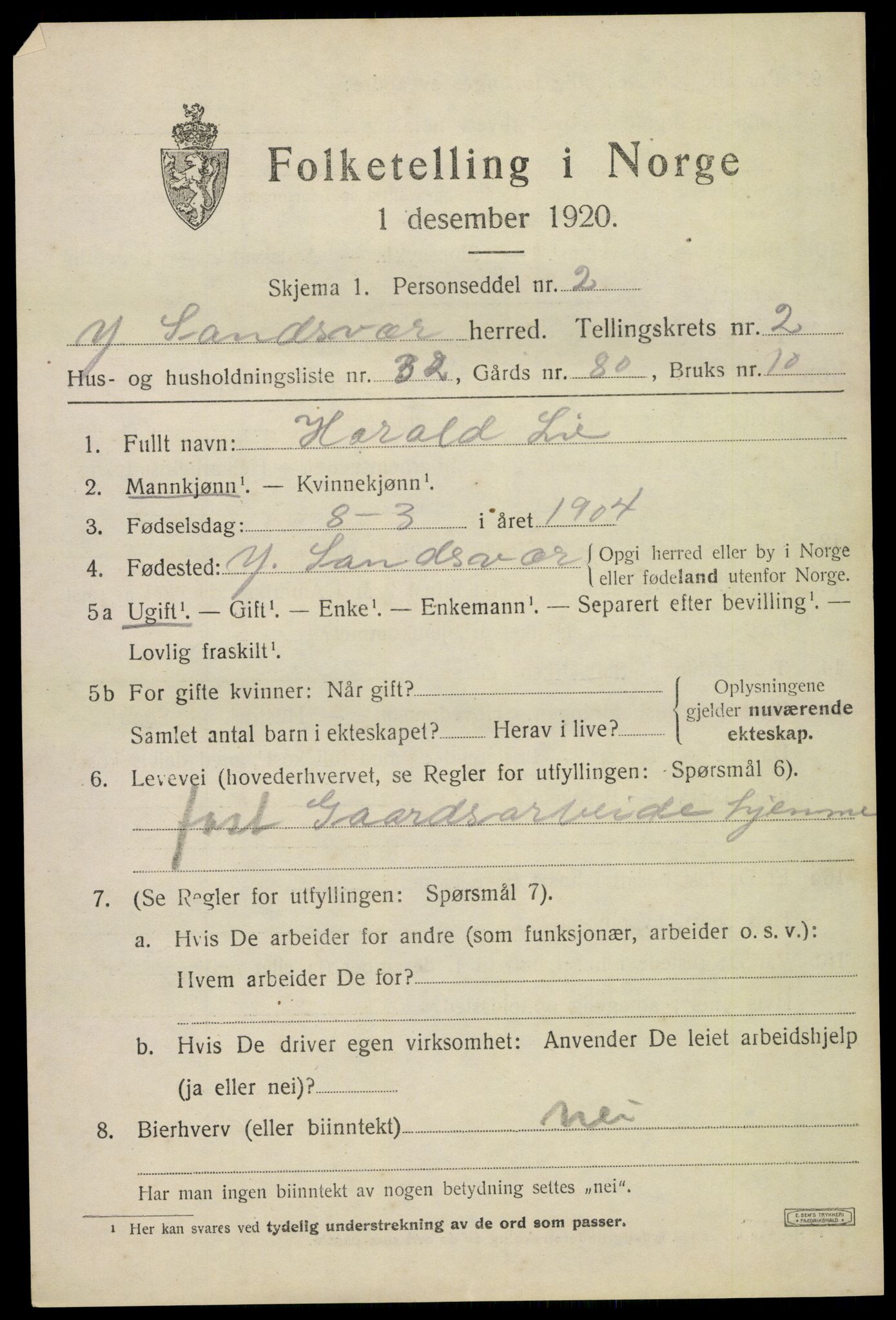 SAKO, 1920 census for Ytre Sandsvær, 1920, p. 3000