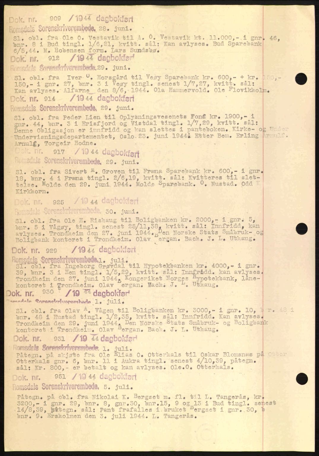 Romsdal sorenskriveri, AV/SAT-A-4149/1/2/2C: Mortgage book no. C1a, 1936-1945, Diary no: : 909/1944