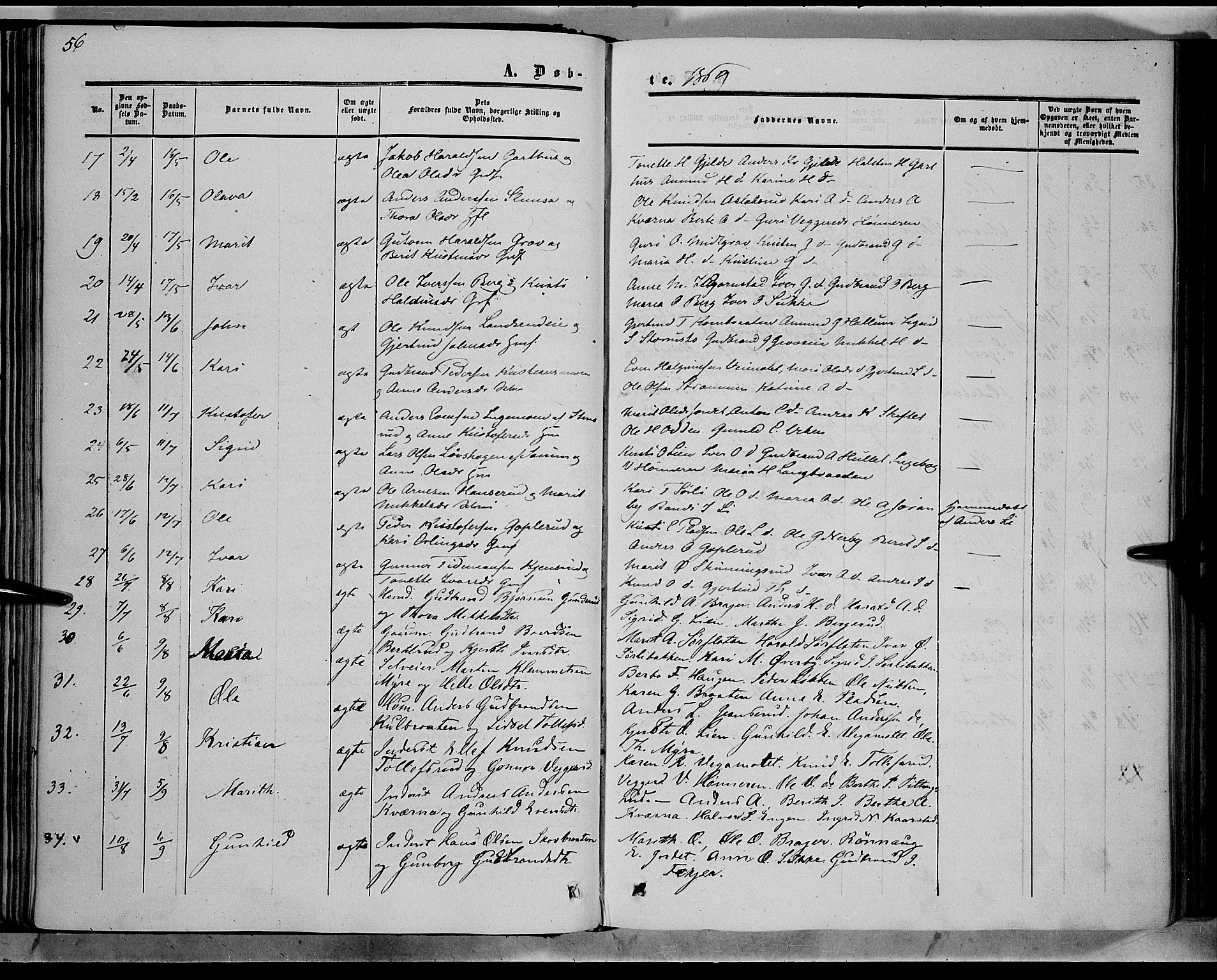 Sør-Aurdal prestekontor, SAH/PREST-128/H/Ha/Haa/L0007: Parish register (official) no. 7, 1849-1876, p. 56