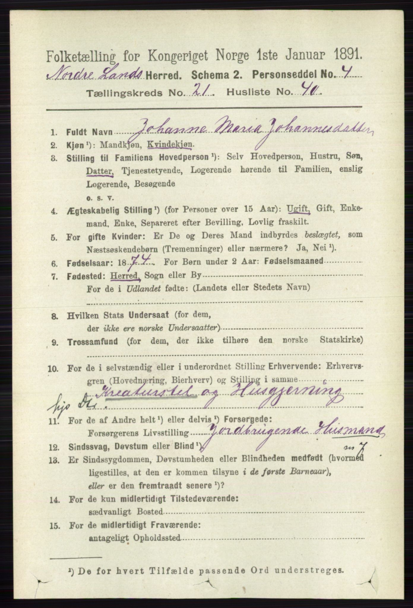 RA, 1891 census for 0538 Nordre Land, 1891, p. 5506