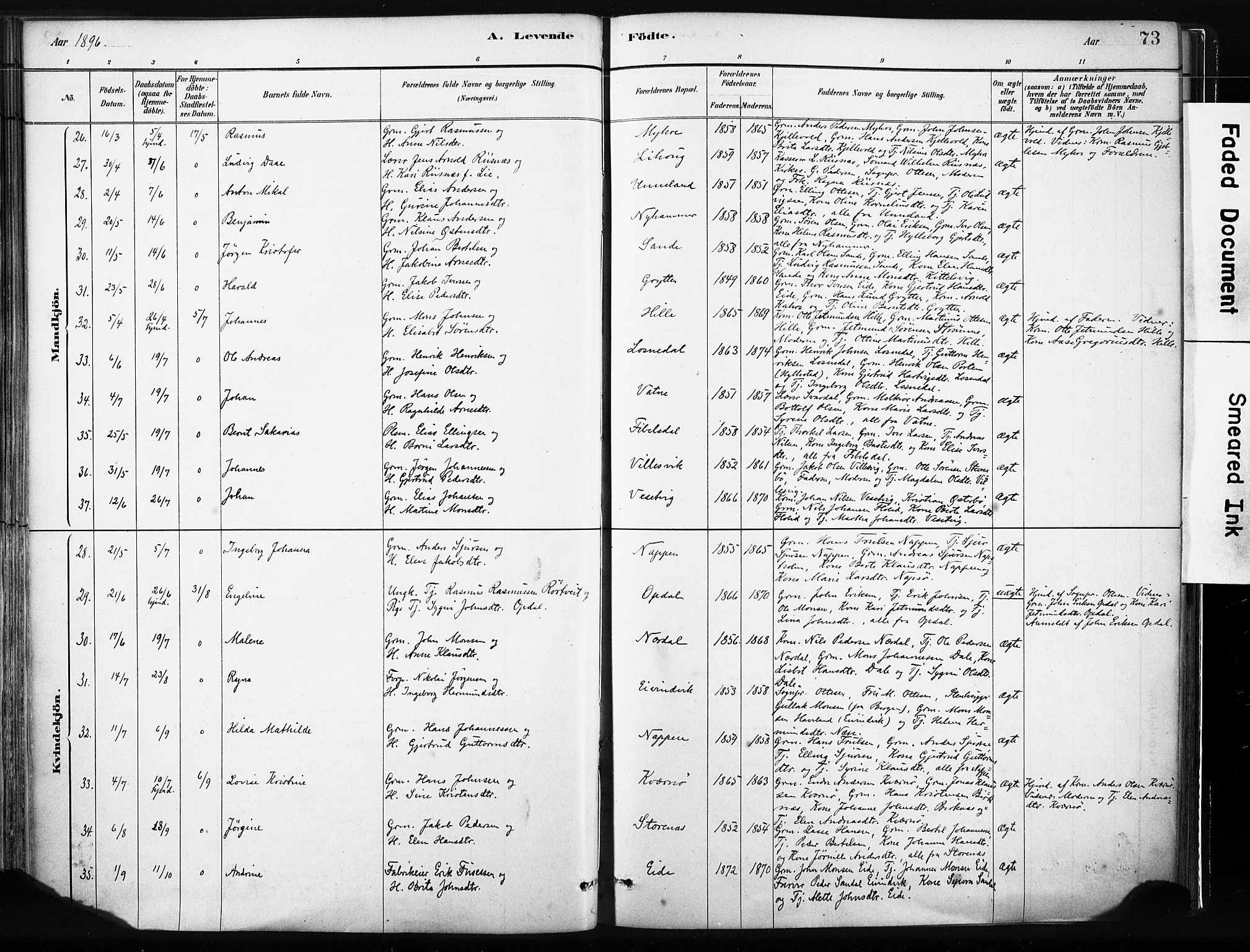 Gulen sokneprestembete, AV/SAB-A-80201/H/Haa/Haab/L0001: Parish register (official) no. B 1, 1881-1905, p. 73