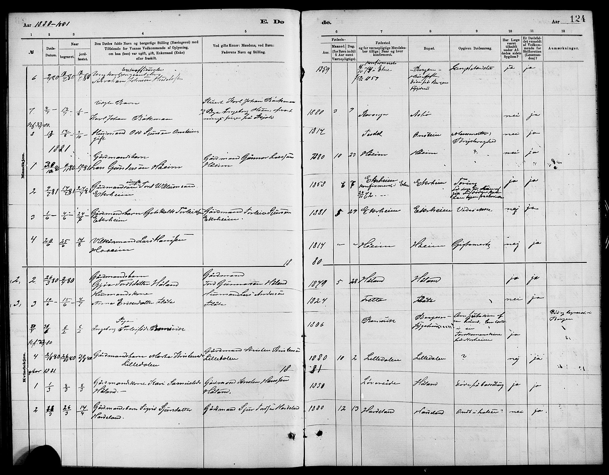 Etne sokneprestembete, SAB/A-75001/H/Hab: Parish register (copy) no. C 4, 1879-1896, p. 124
