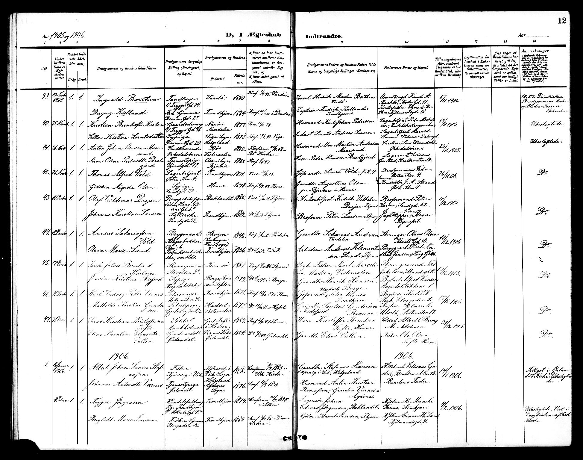 Ministerialprotokoller, klokkerbøker og fødselsregistre - Sør-Trøndelag, SAT/A-1456/602/L0145: Parish register (copy) no. 602C13, 1902-1919, p. 12