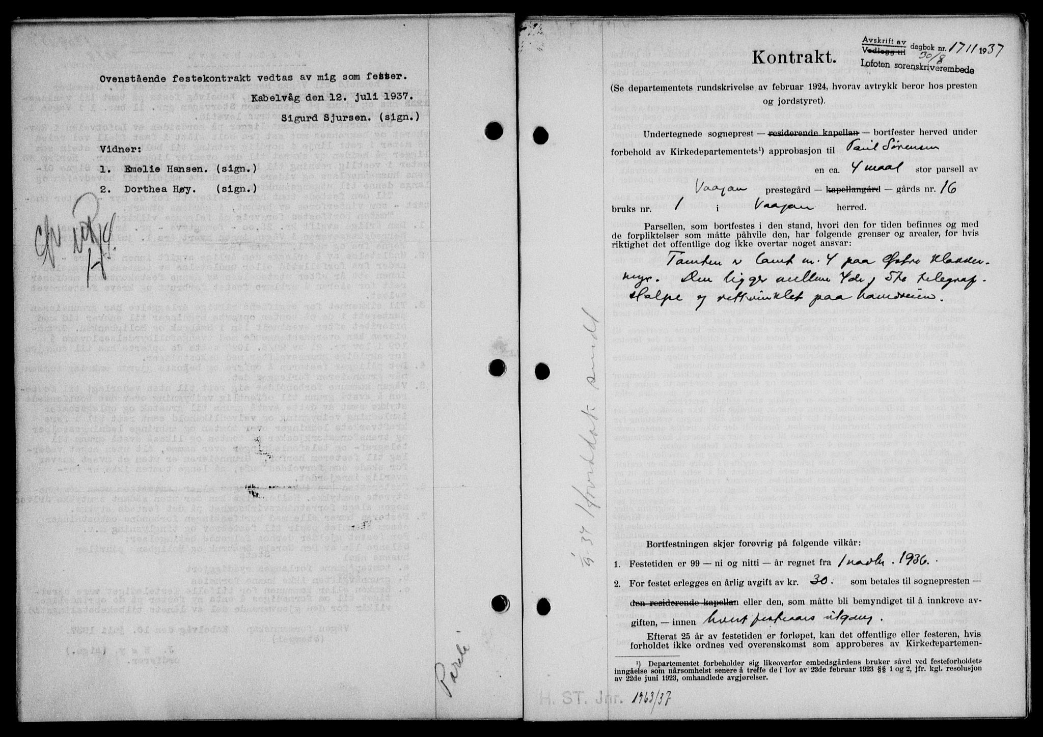 Lofoten sorenskriveri, SAT/A-0017/1/2/2C/L0002a: Mortgage book no. 2a, 1937-1937, Diary no: : 1711/1937