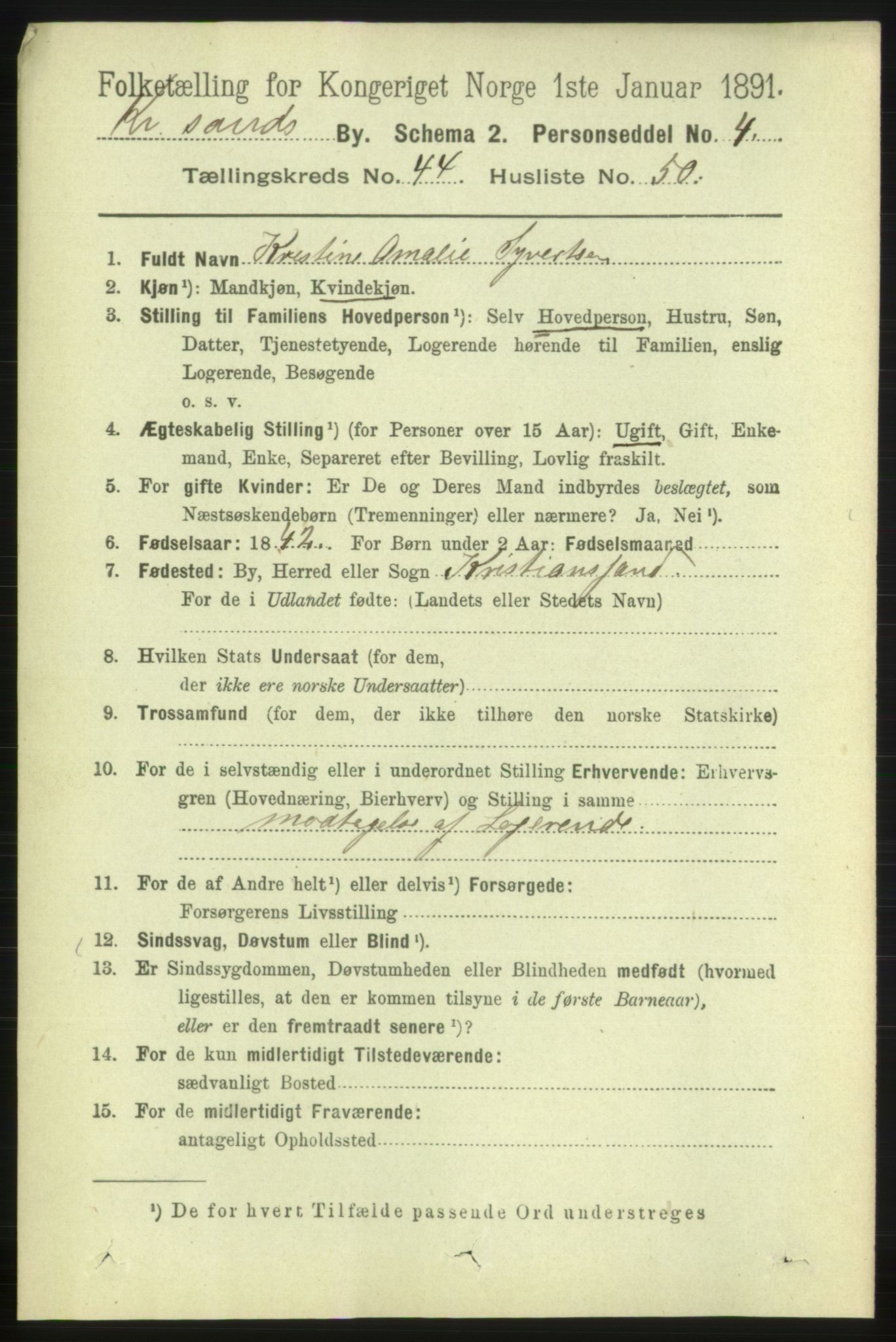 RA, 1891 census for 1001 Kristiansand, 1891, p. 13901