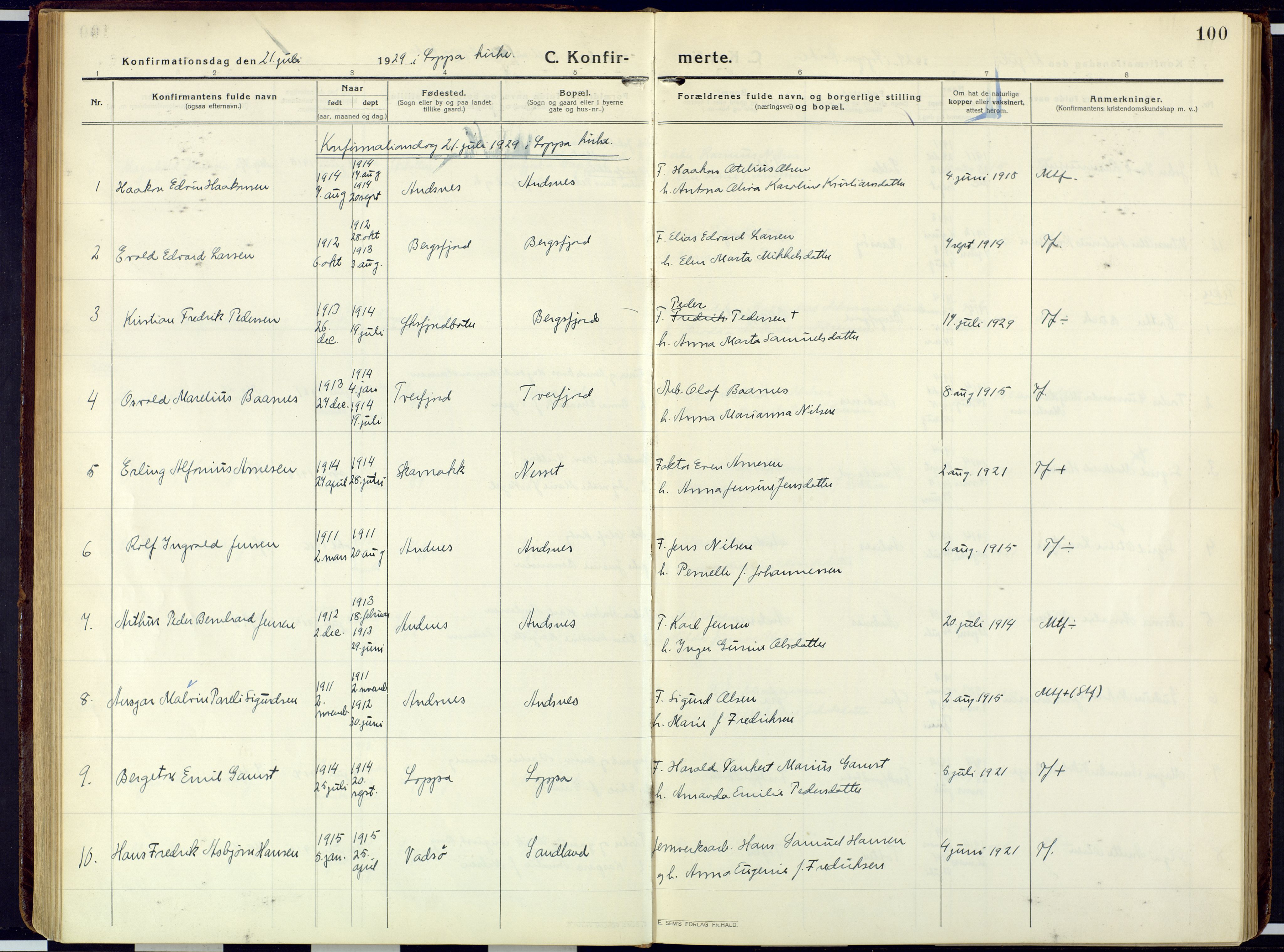Loppa sokneprestkontor, SATØ/S-1339/H/Ha/L0013kirke: Parish register (official) no. 13, 1920-1932, p. 100