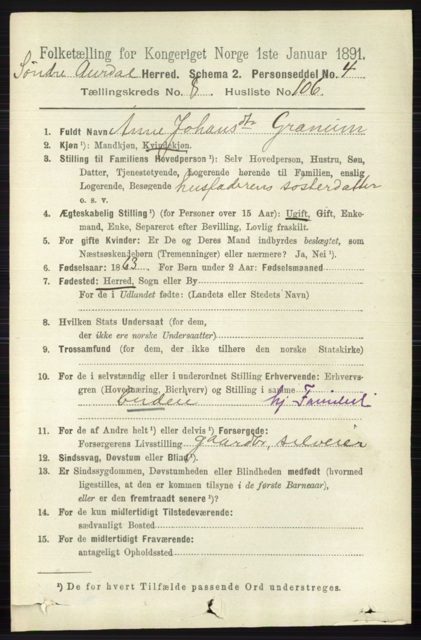 RA, 1891 census for 0540 Sør-Aurdal, 1891, p. 5492