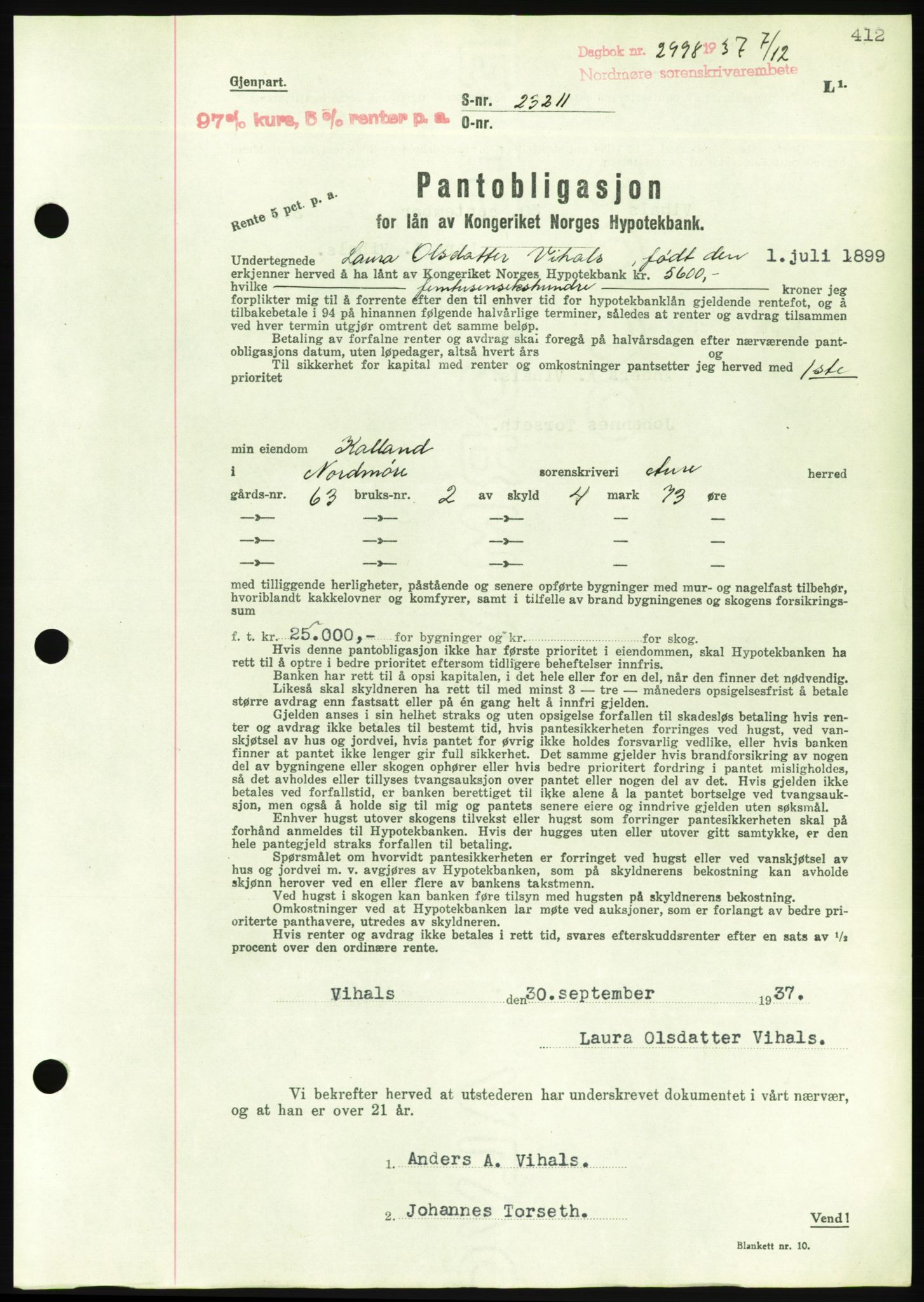 Nordmøre sorenskriveri, AV/SAT-A-4132/1/2/2Ca/L0092: Mortgage book no. B82, 1937-1938, Diary no: : 2998/1937