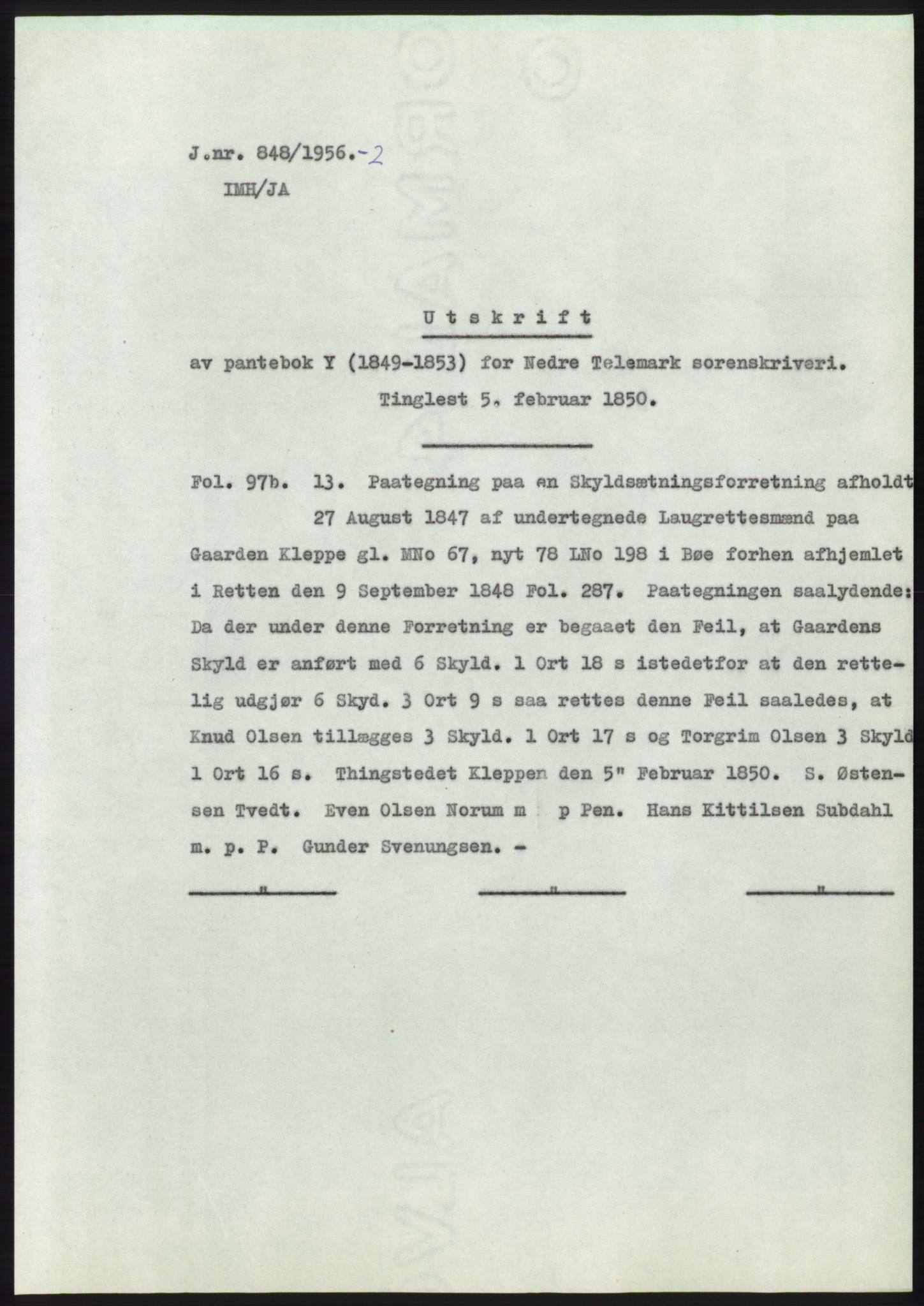 Statsarkivet i Kongsberg, AV/SAKO-A-0001/E/Ee/L0007: Avskrifter, SAO jnr. 802/1956 - 1199/1956, 1956, p. 85