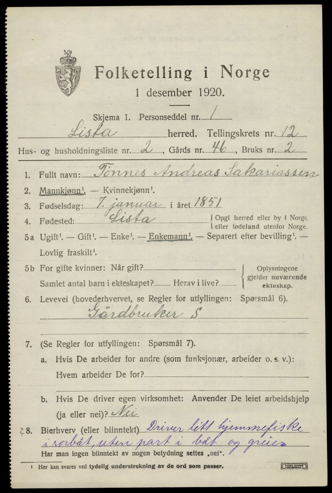 SAK, 1920 census for Lista, 1920, p. 11509