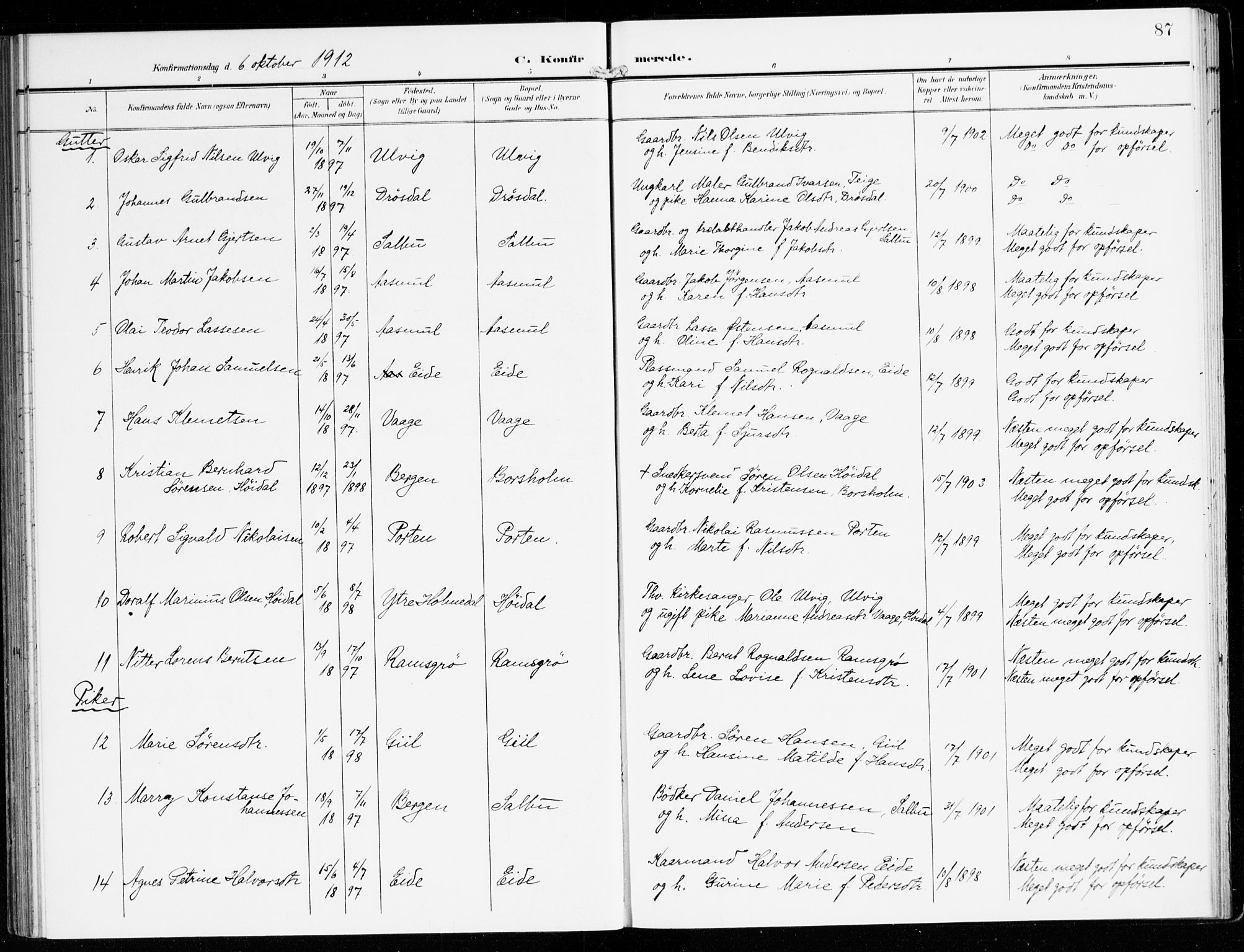 Hyllestad sokneprestembete, SAB/A-80401: Parish register (official) no. D 2, 1905-1919, p. 87