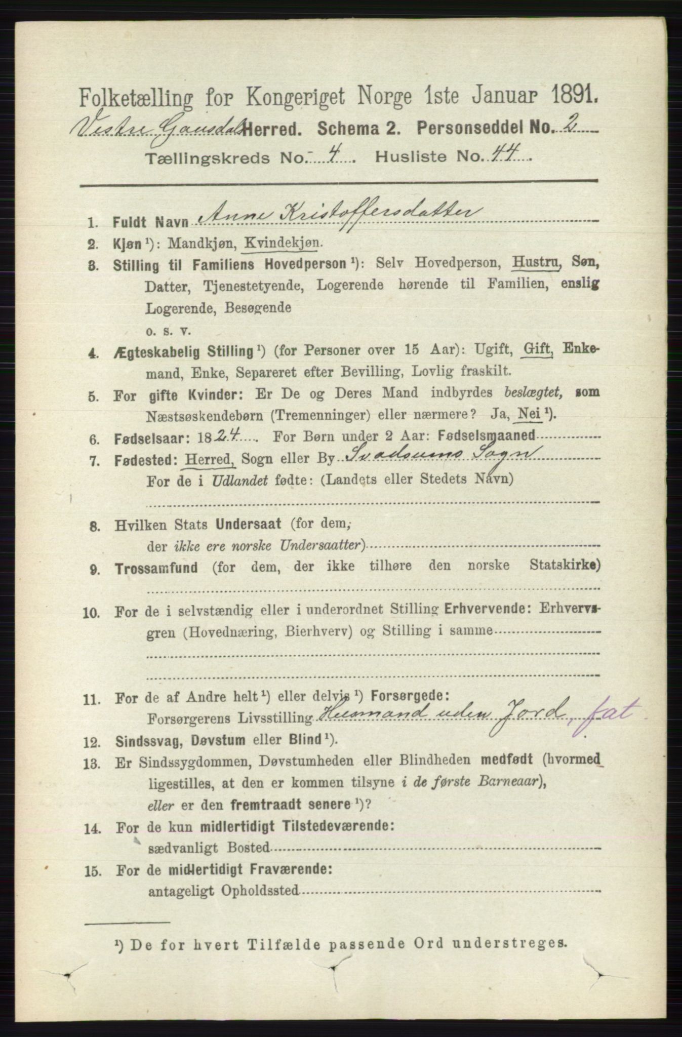 RA, 1891 census for 0523 Vestre Gausdal, 1891, p. 1954