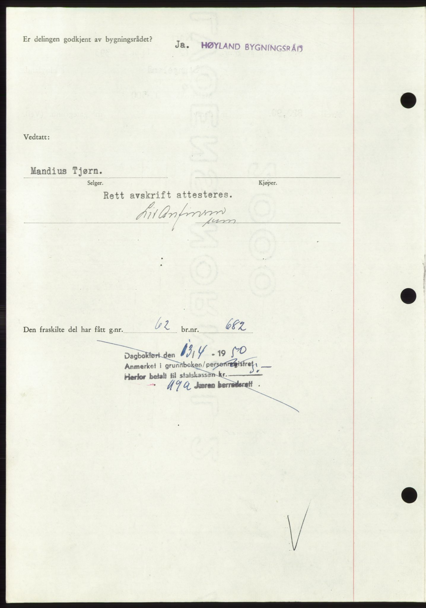 Jæren sorenskriveri, SAST/A-100310/03/G/Gba/L0107: Mortgage book, 1950-1950, Diary no: : 2098/1950