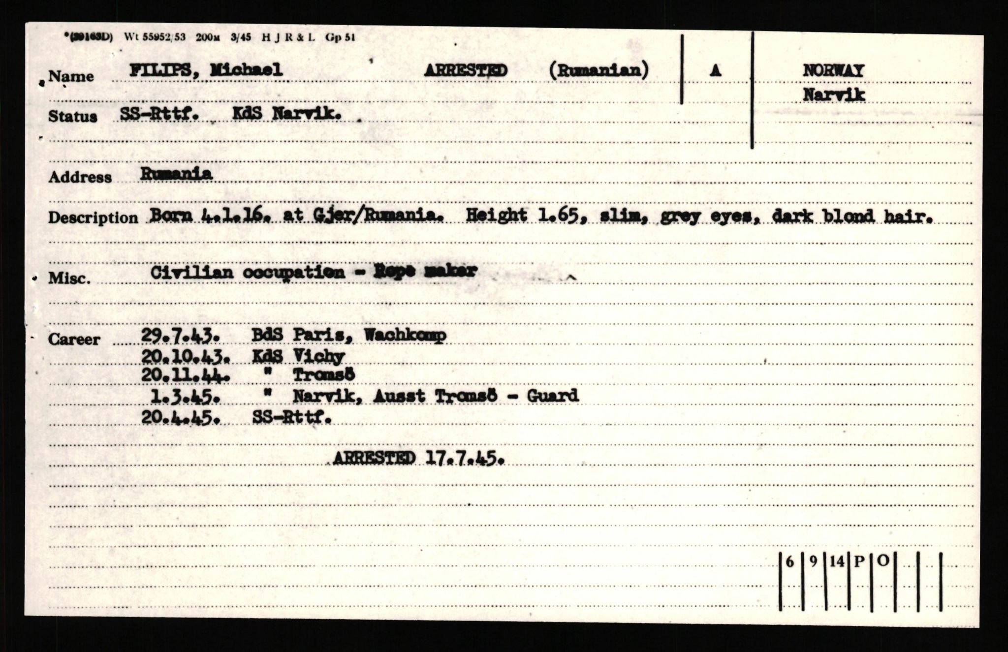 Forsvaret, Forsvarets overkommando II, AV/RA-RAFA-3915/D/Db/L0041: CI Questionaires.  Diverse nasjonaliteter., 1945-1946, p. 106