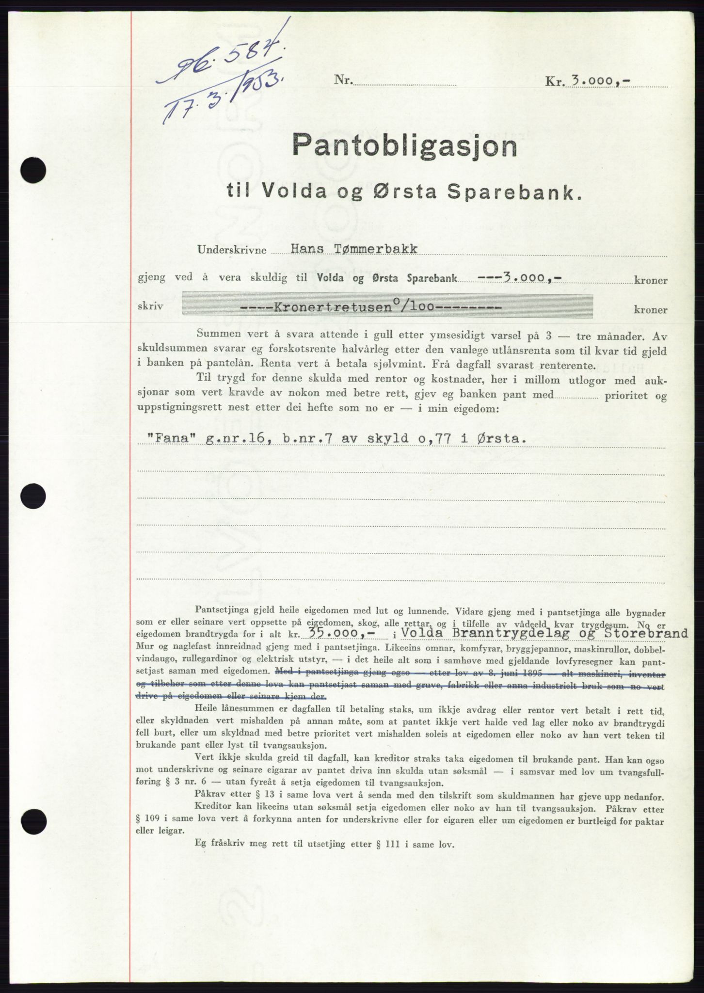 Søre Sunnmøre sorenskriveri, AV/SAT-A-4122/1/2/2C/L0123: Mortgage book no. 11B, 1953-1953, Diary no: : 584/1953