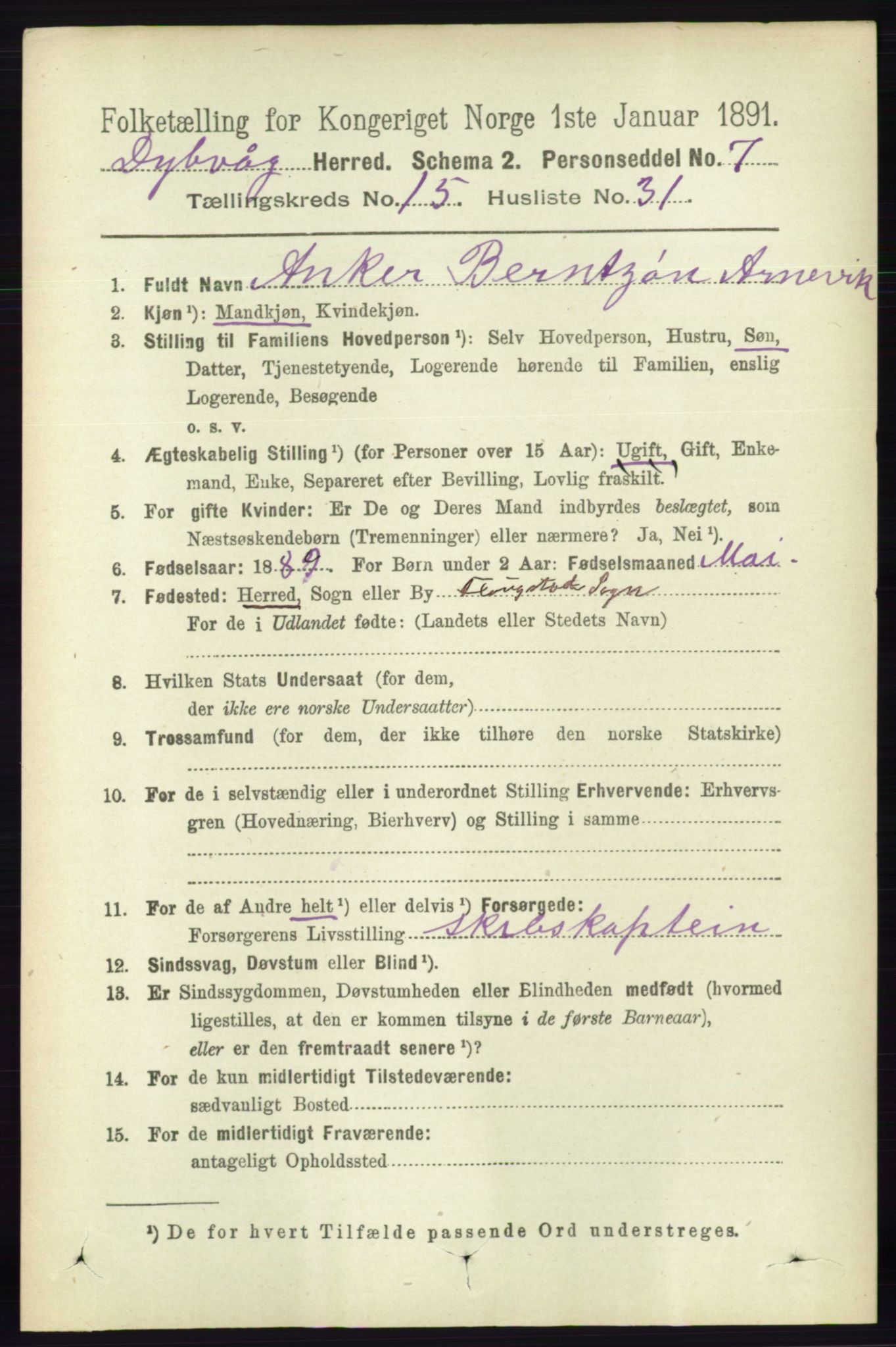 RA, 1891 census for 0915 Dypvåg, 1891, p. 6274