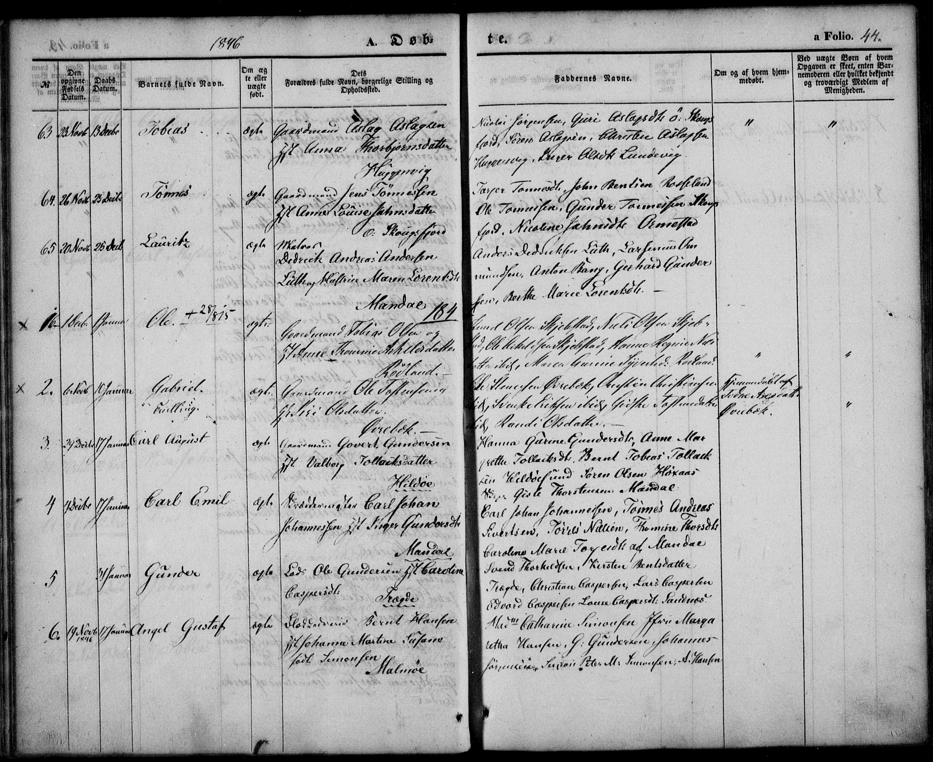 Mandal sokneprestkontor, SAK/1111-0030/F/Fa/Faa/L0012: Parish register (official) no. A 12, 1840-1847, p. 44