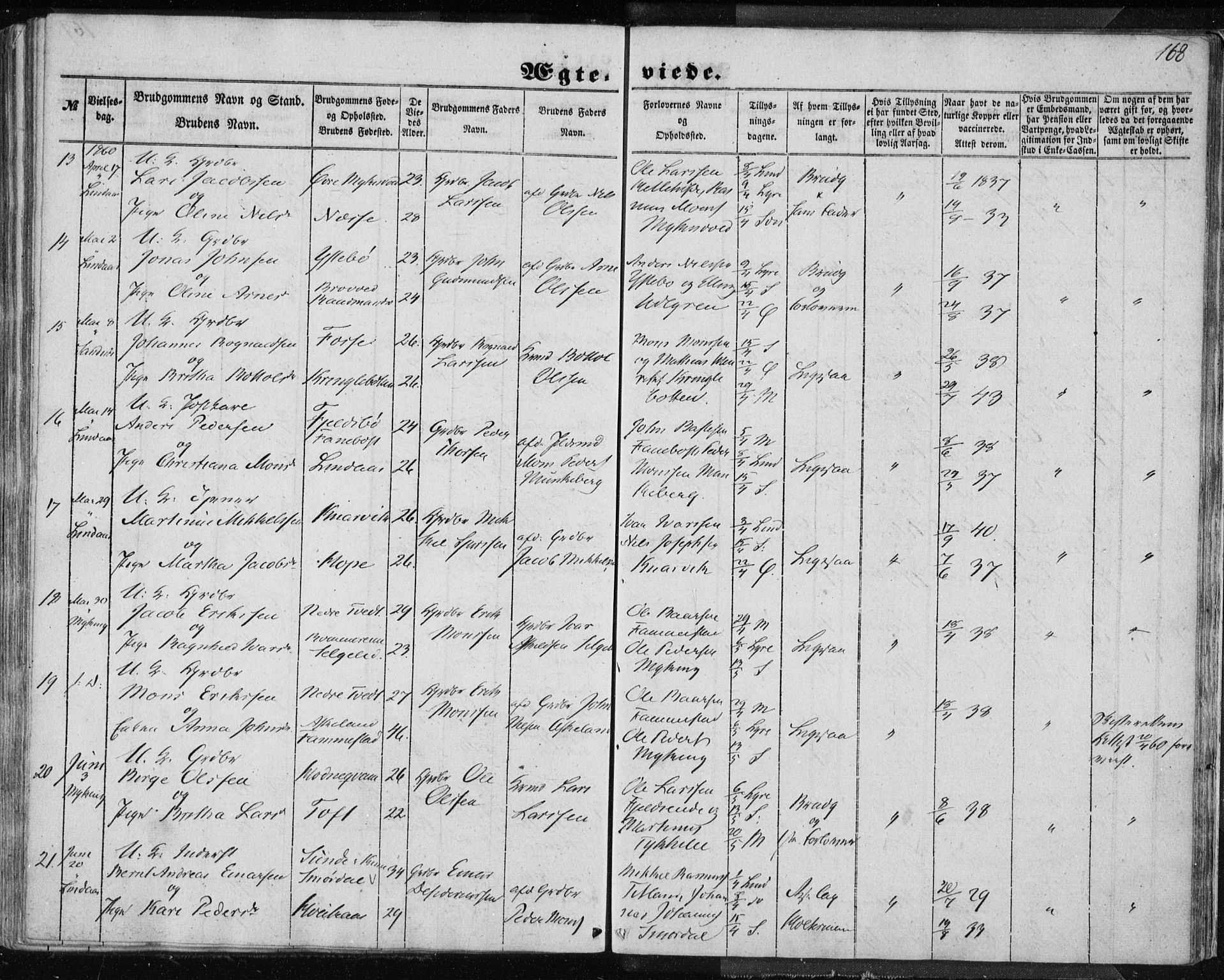 Lindås Sokneprestembete, AV/SAB-A-76701/H/Haa/Haaa/L0013: Parish register (official) no. A 13, 1848-1862, p. 168