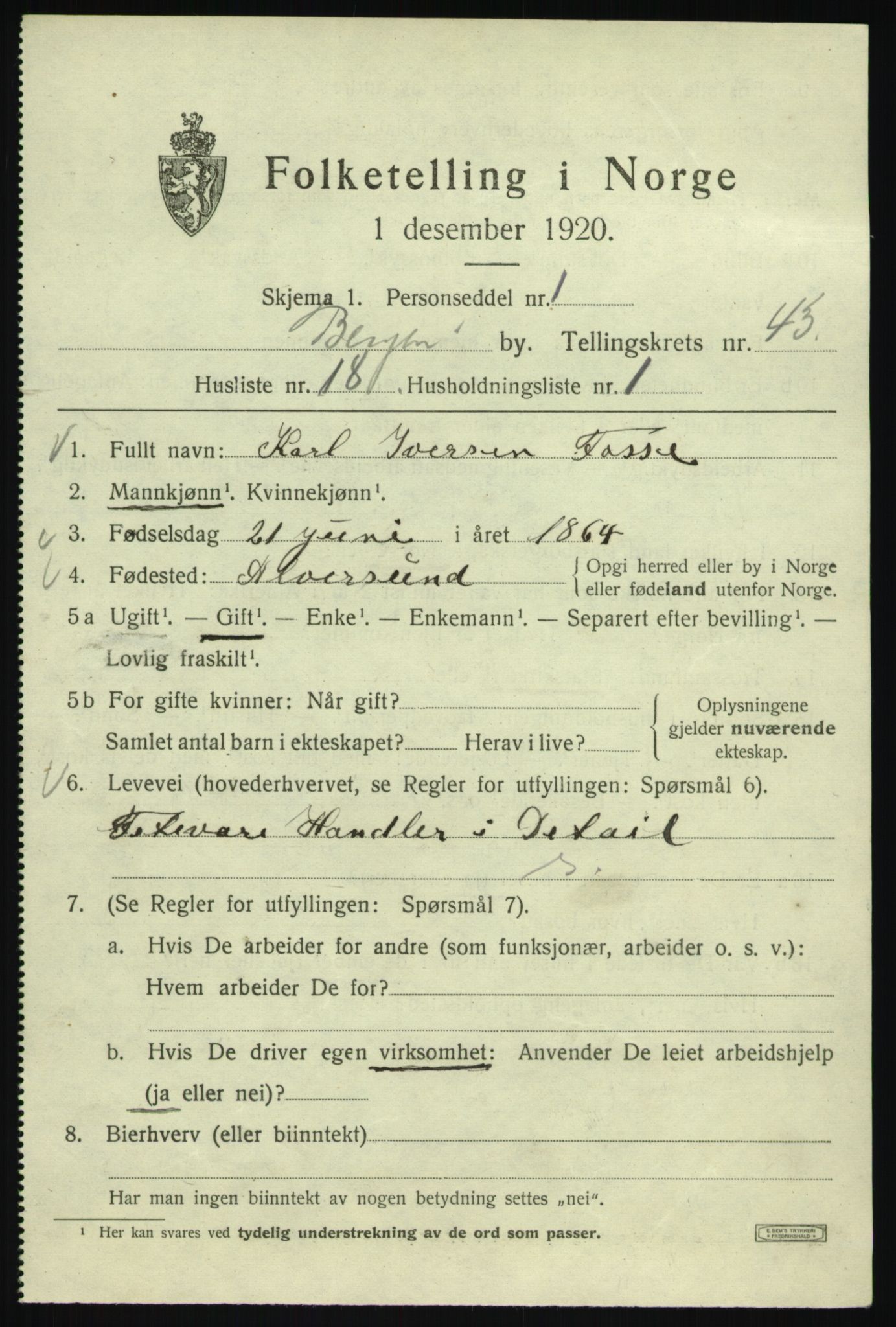 SAB, 1920 census for Bergen, 1920, p. 111800