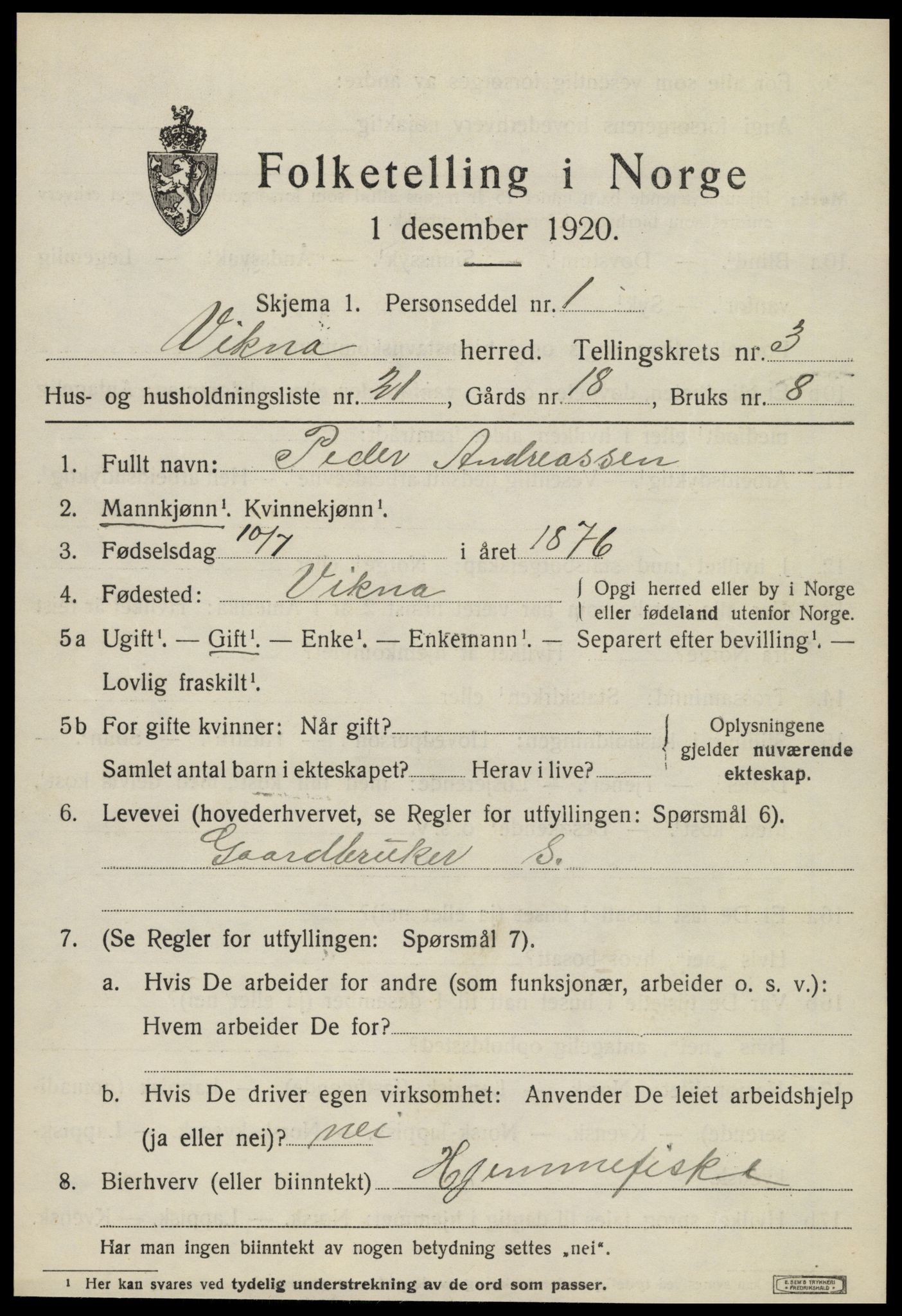 SAT, 1920 census for Vikna, 1920, p. 3573