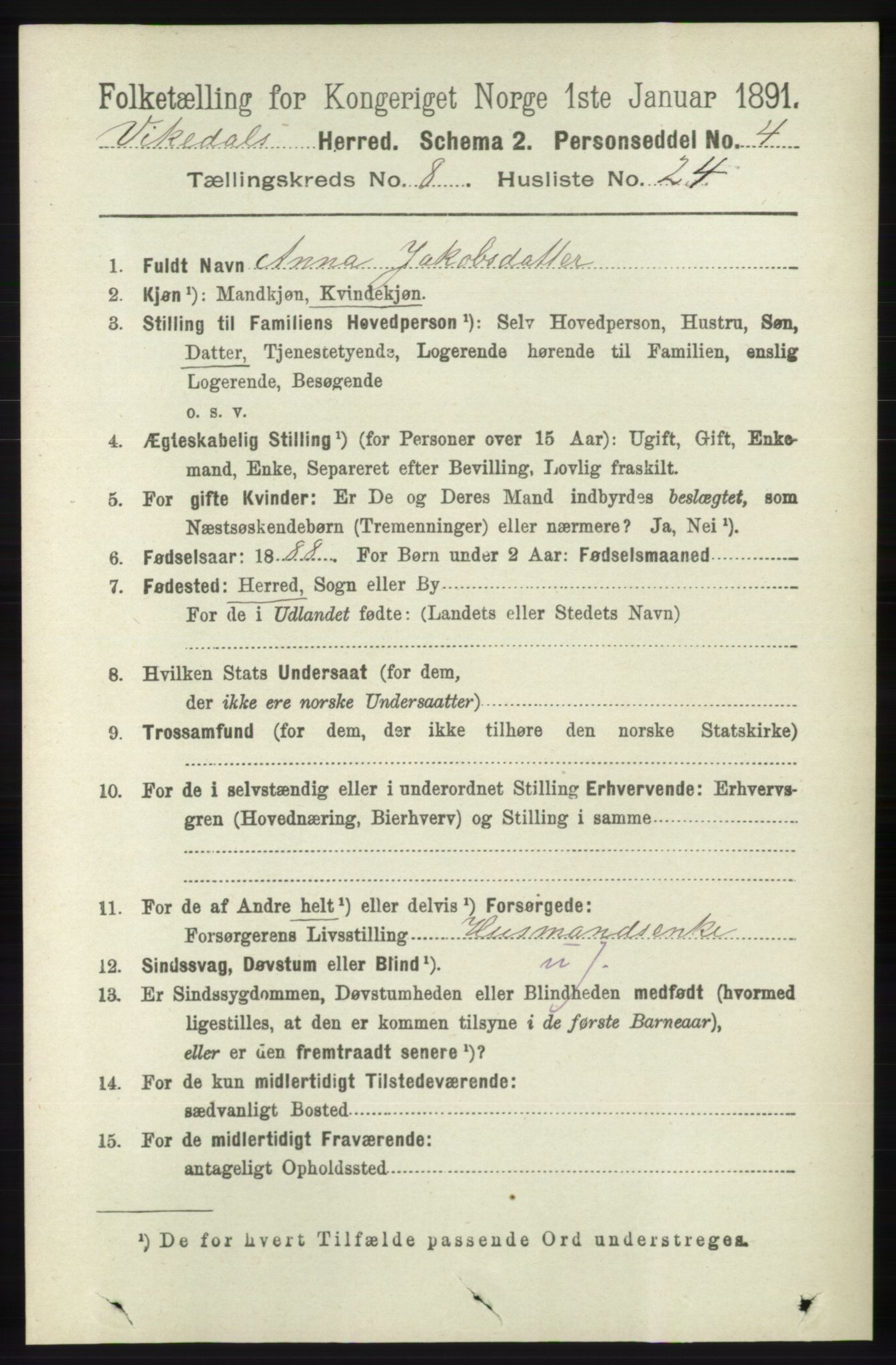 RA, 1891 census for 1157 Vikedal, 1891, p. 2337