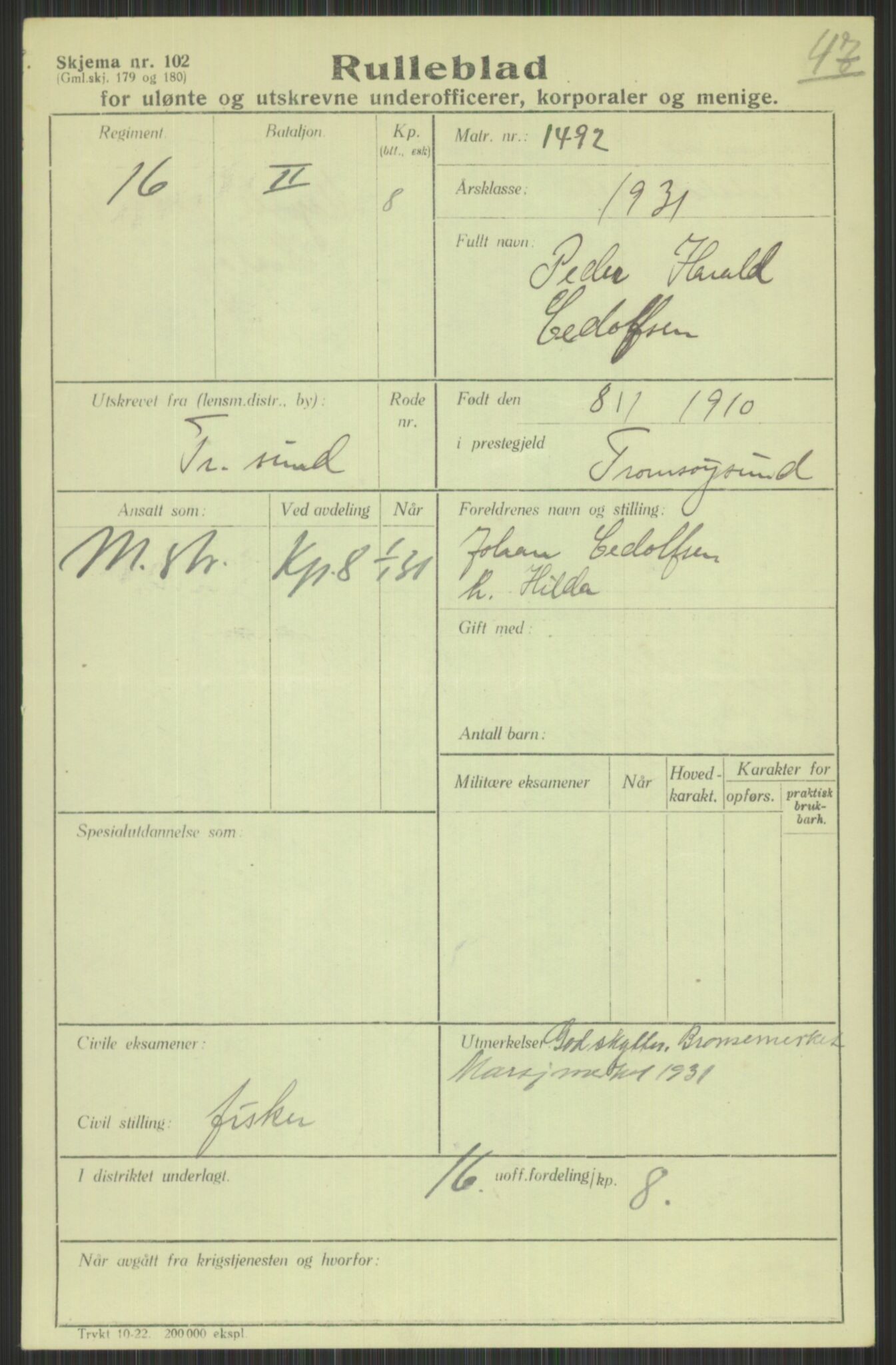 Forsvaret, Troms infanteriregiment nr. 16, AV/RA-RAFA-3146/P/Pa/L0015: Rulleblad for regimentets menige mannskaper, årsklasse 1931, 1931, p. 139