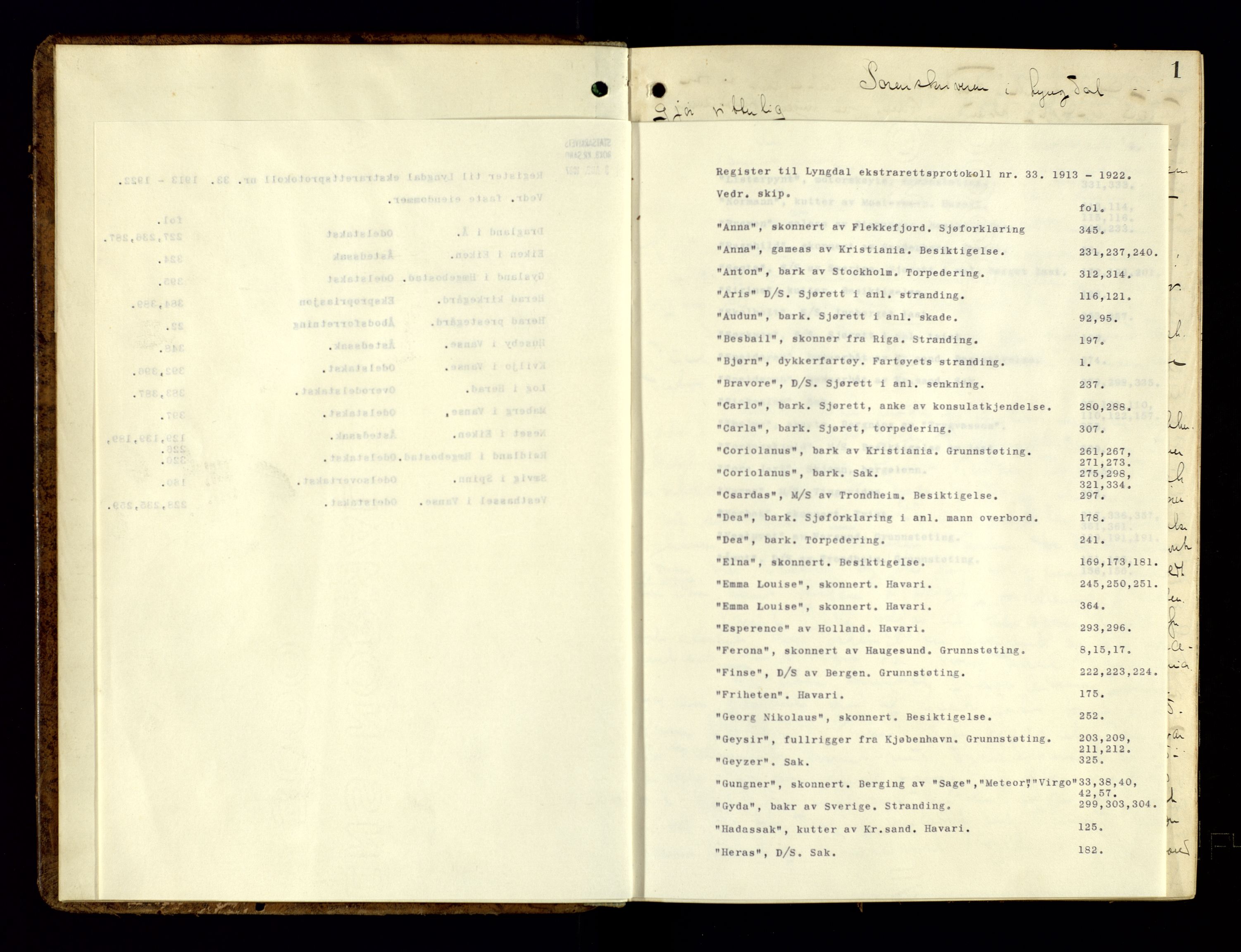 Lyngdal sorenskriveri, SAK/1221-0004/F/Fb/L0097: Ekstrarettsprotokoll nr. 33, 1913-1922