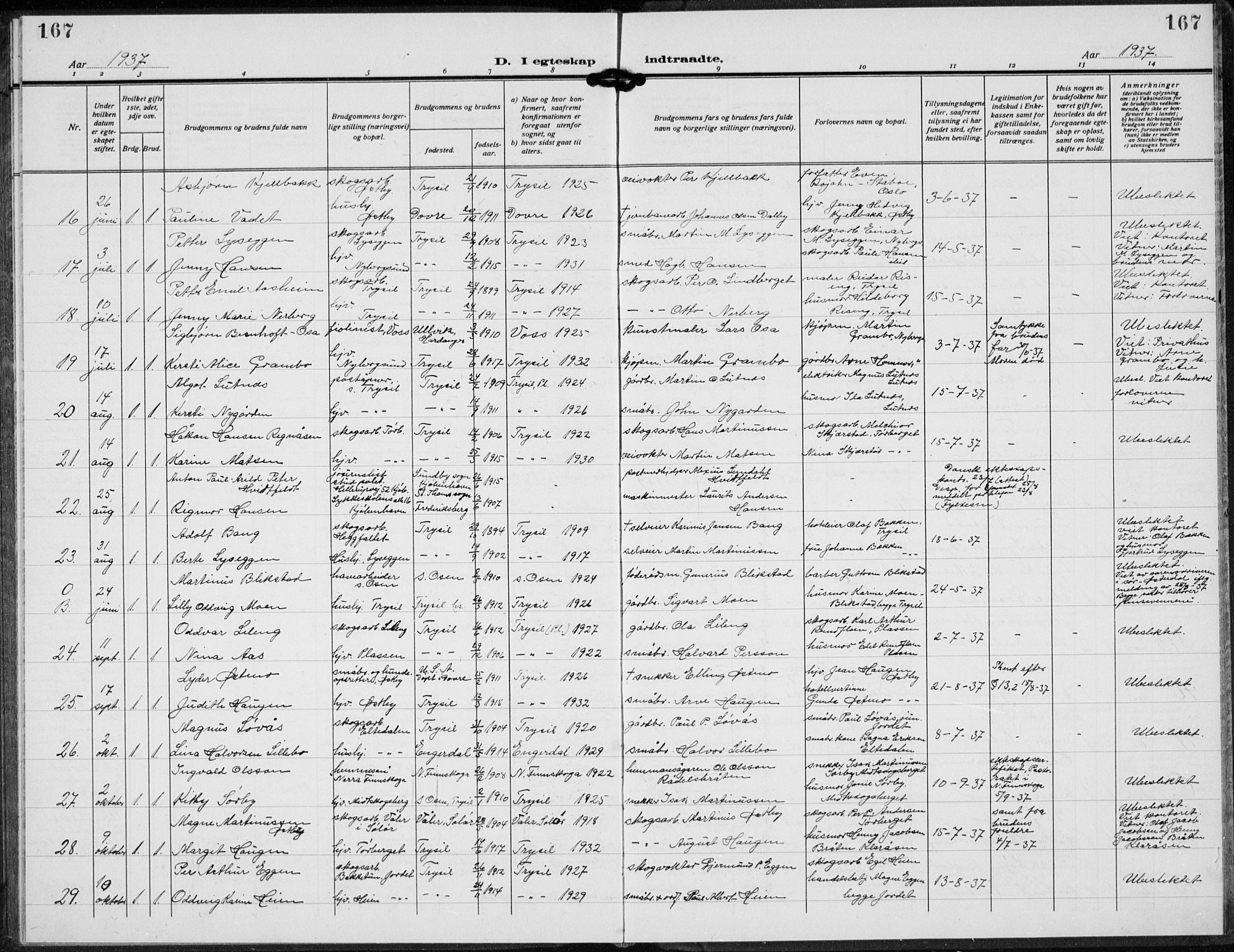 Trysil prestekontor, AV/SAH-PREST-046/H/Ha/Hab/L0010: Parish register (copy) no. 10, 1917-1937, p. 167