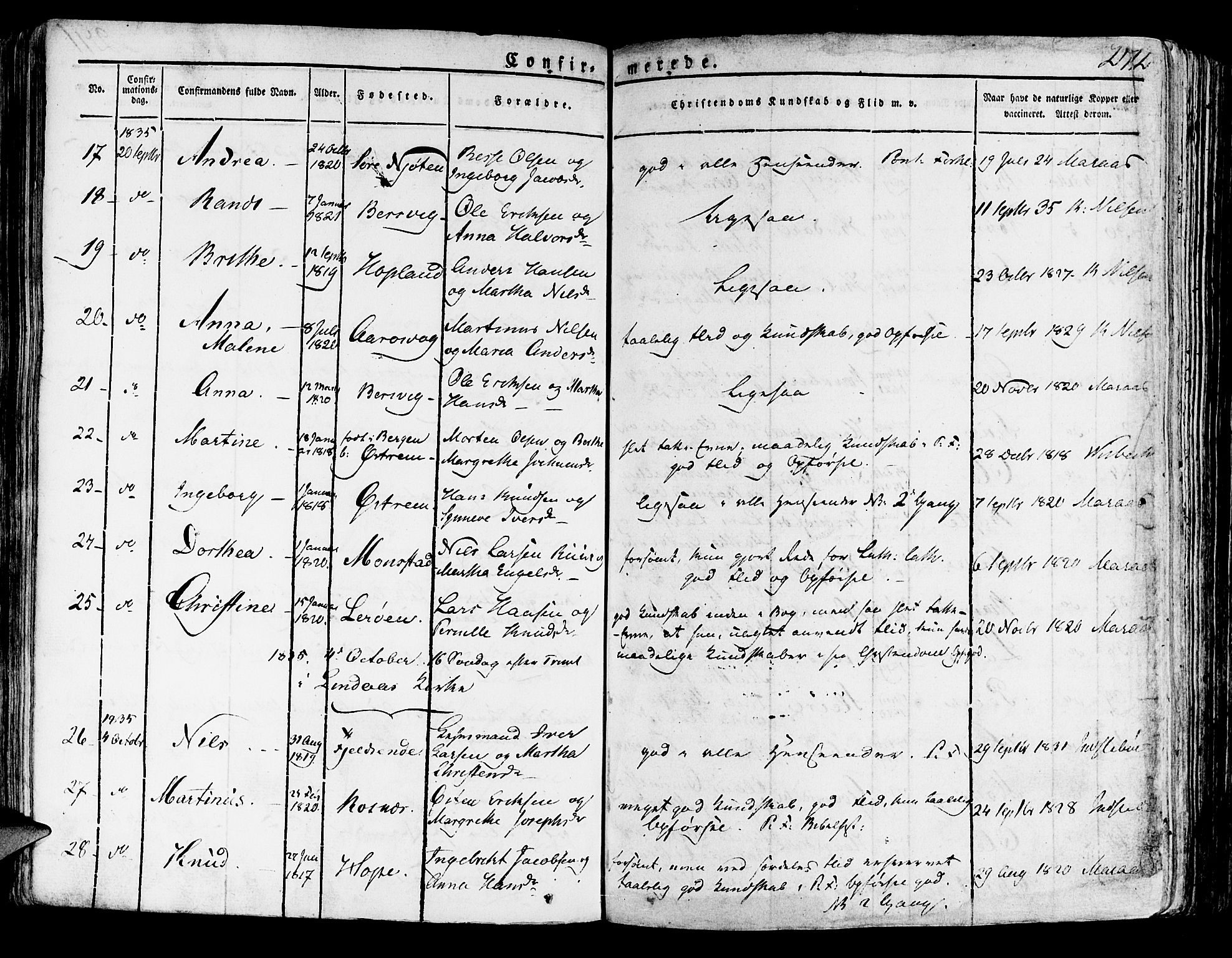 Lindås Sokneprestembete, AV/SAB-A-76701/H/Haa/Haaa/L0008: Parish register (official) no. A 8, 1823-1836, p. 272