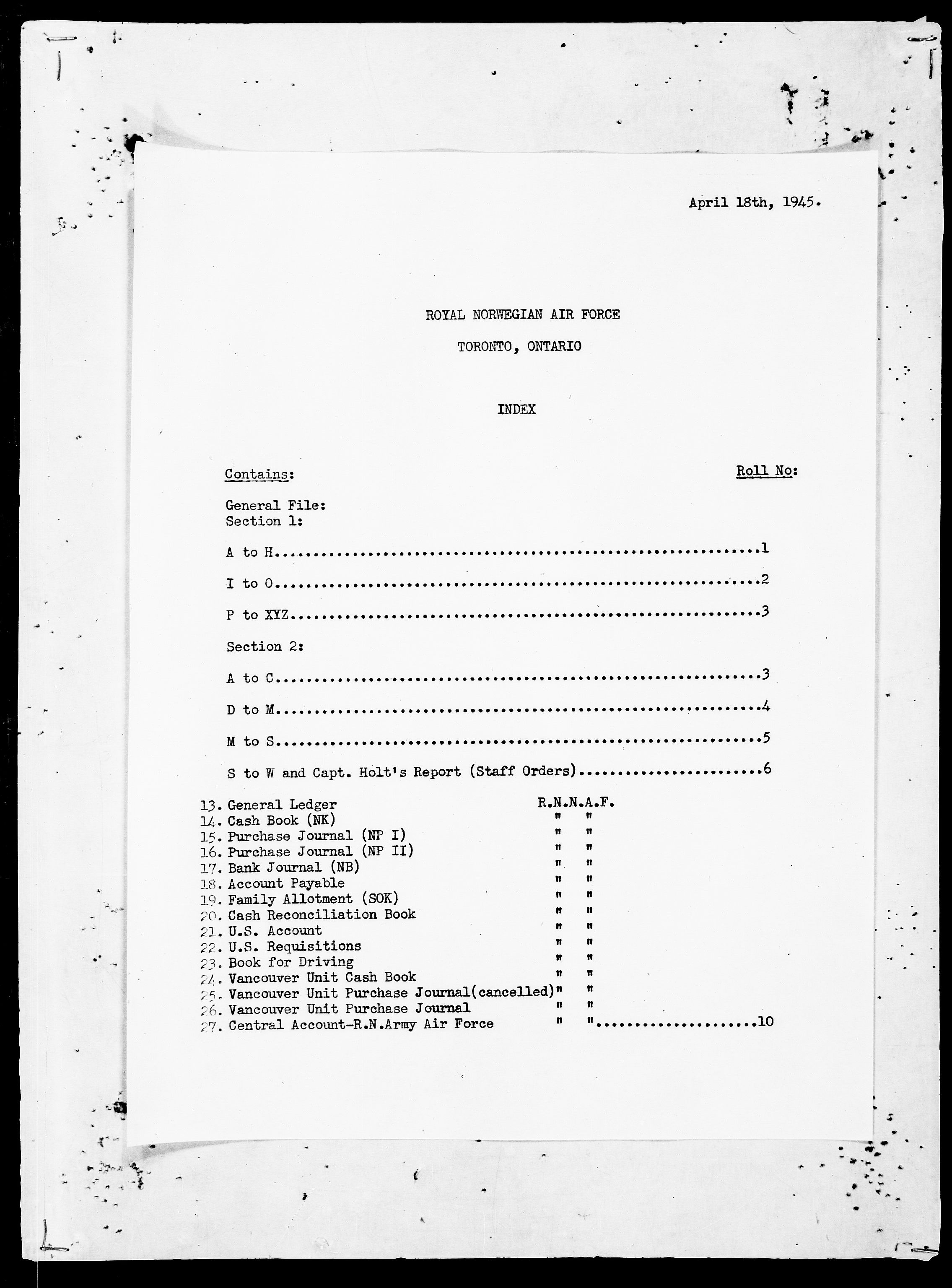 Forsvaret, Flyvåpnenes treningsleir 1940-1945, RA/RAFA-3974/V/L0001: General File., 1940-1945, p. 2