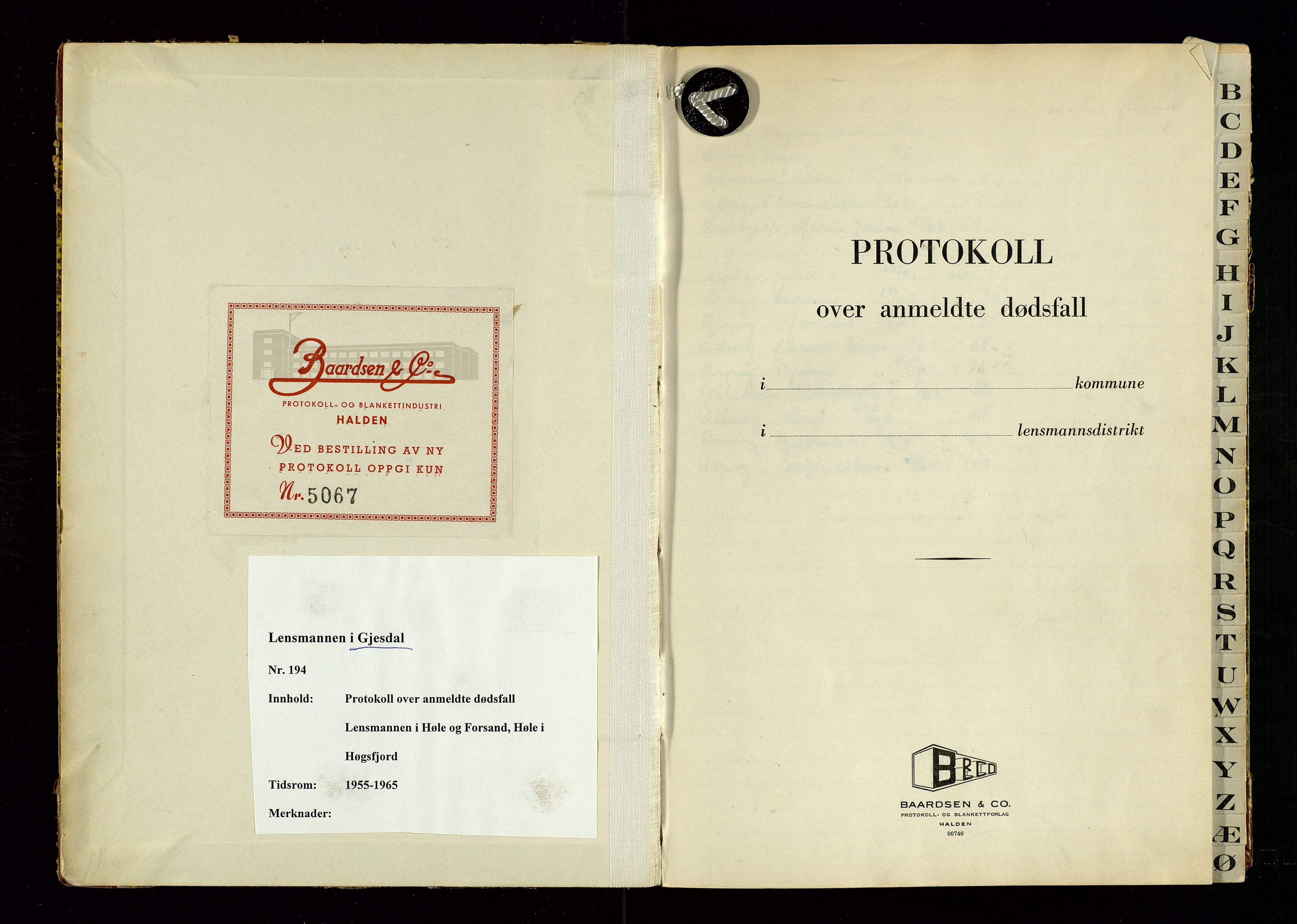 Høle og Forsand lensmannskontor, SAST/A-100127/Gga/L0008: Dødsfallprotokoll, 1954-1965