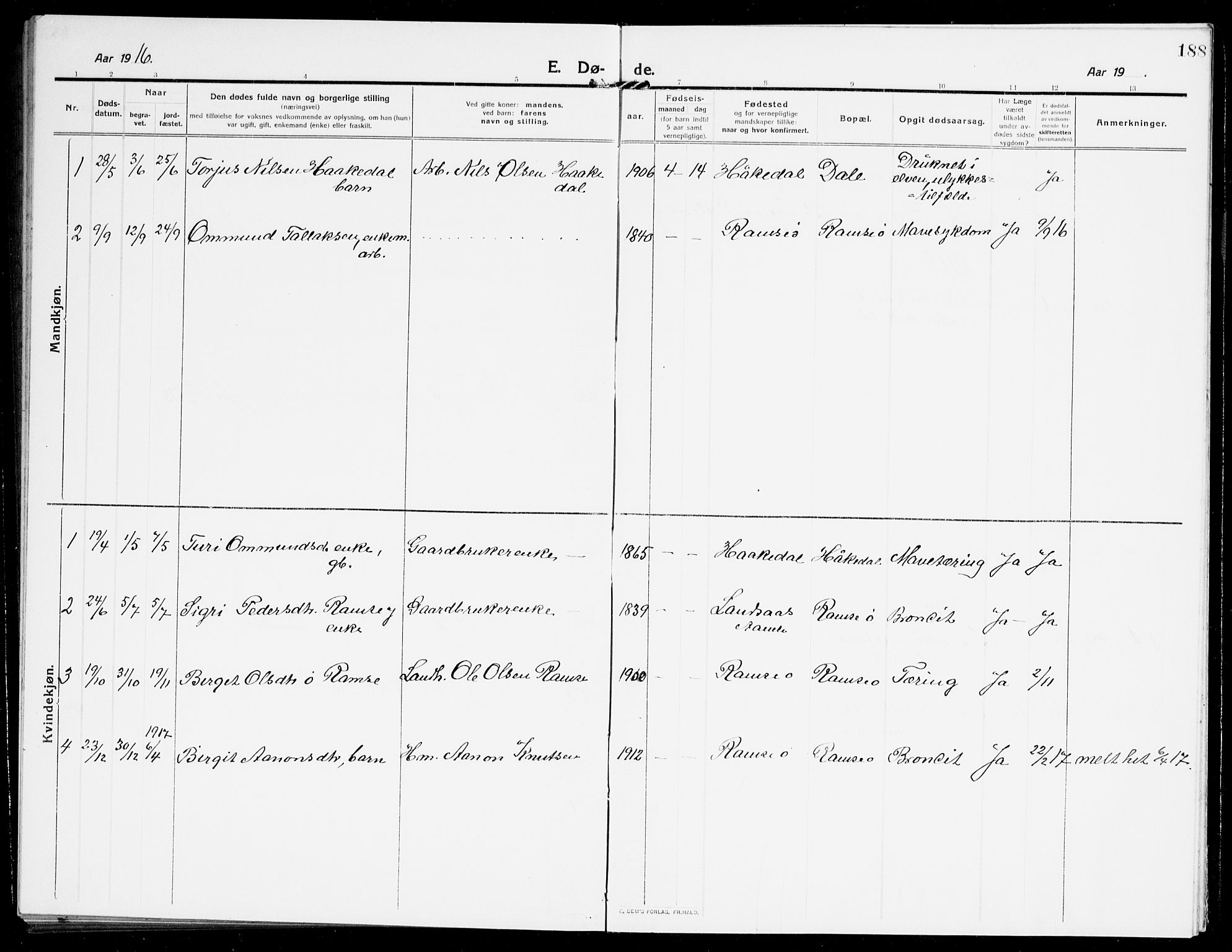 Åmli sokneprestkontor, AV/SAK-1111-0050/F/Fb/Fbb/L0003: Parish register (copy) no. B 3, 1906-1941, p. 188