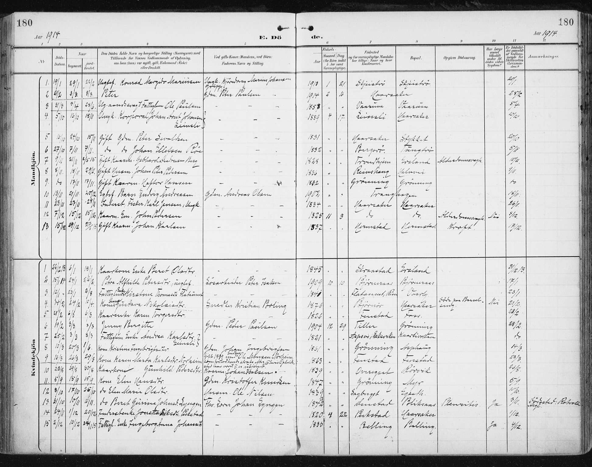 Ministerialprotokoller, klokkerbøker og fødselsregistre - Sør-Trøndelag, AV/SAT-A-1456/646/L0616: Parish register (official) no. 646A14, 1900-1918, p. 180