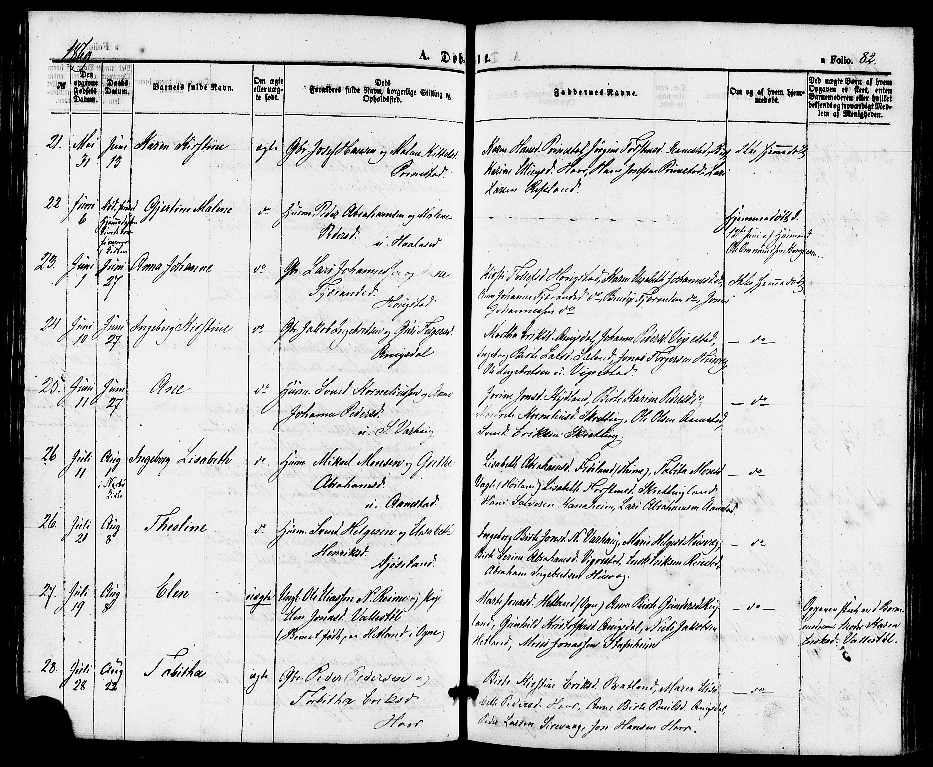 Hå sokneprestkontor, AV/SAST-A-101801/001/30BA/L0009: Parish register (official) no. A 8, 1855-1878, p. 82