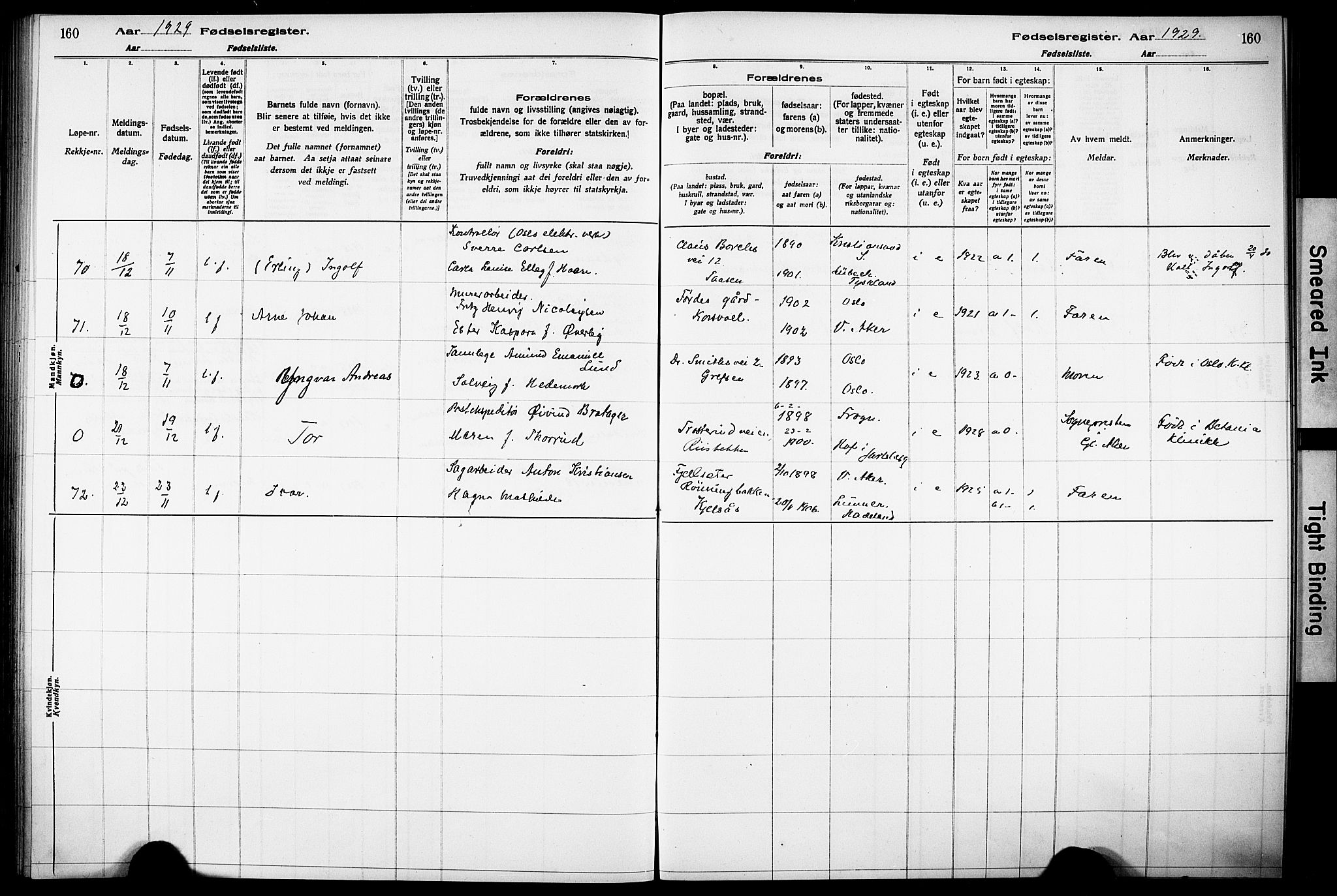 Vestre Aker prestekontor Kirkebøker, AV/SAO-A-10025/J/Ja/L0003: Birth register no. 3, 1926-1930, p. 160