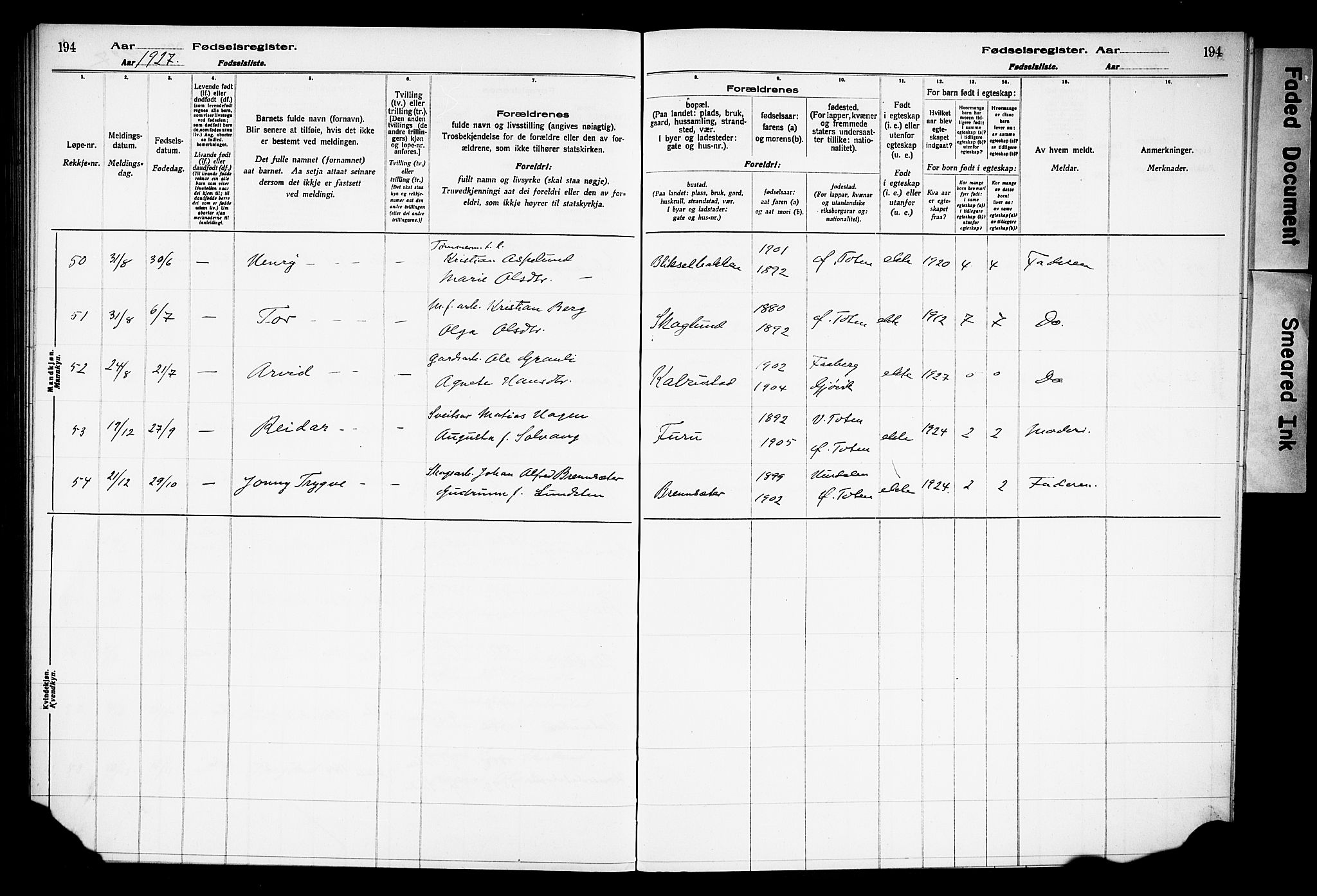 Østre Toten prestekontor, AV/SAH-PREST-104/I/Id/L0001/0001: Birth register no. 1.1, 1916-1928, p. 194